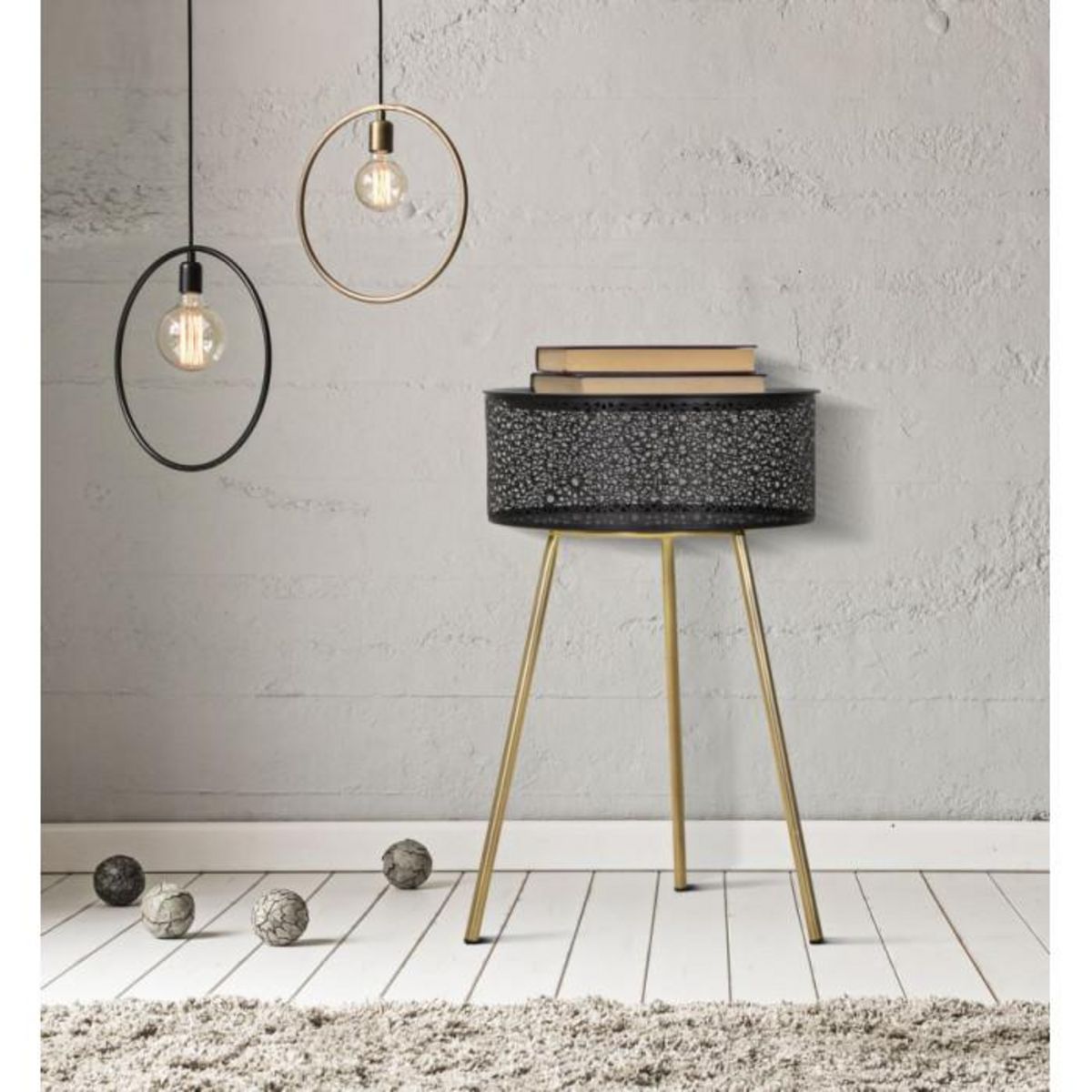 Paris Prix Table d'Appoint Avec Rangement  Blacky  65cm Noir & Or