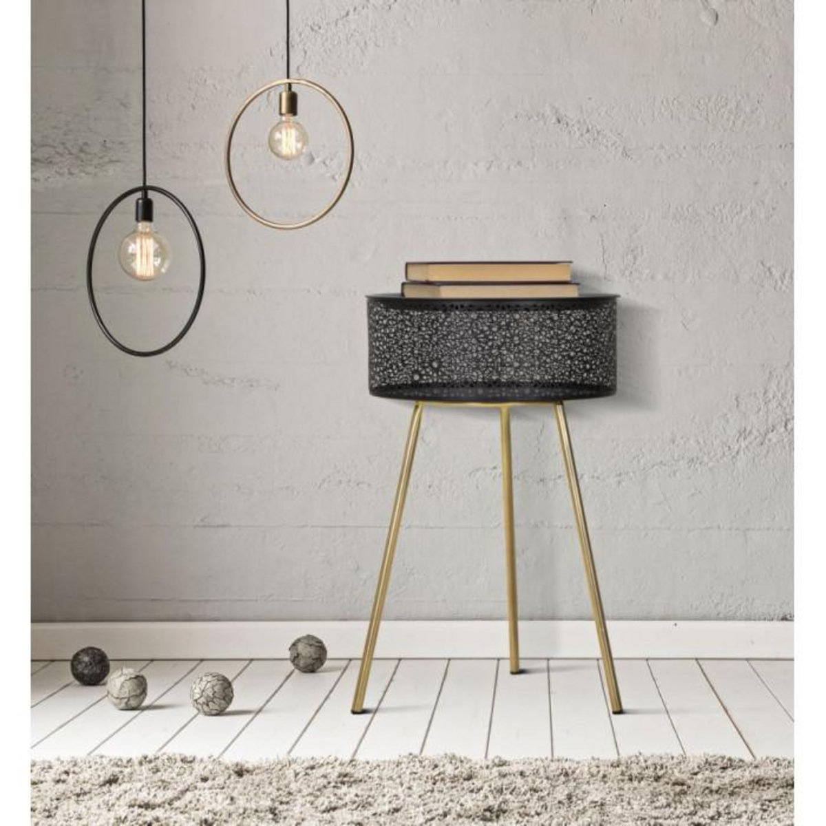 Paris Prix Table d'Appoint Avec Rangement  Blacky  65cm Noir & Or