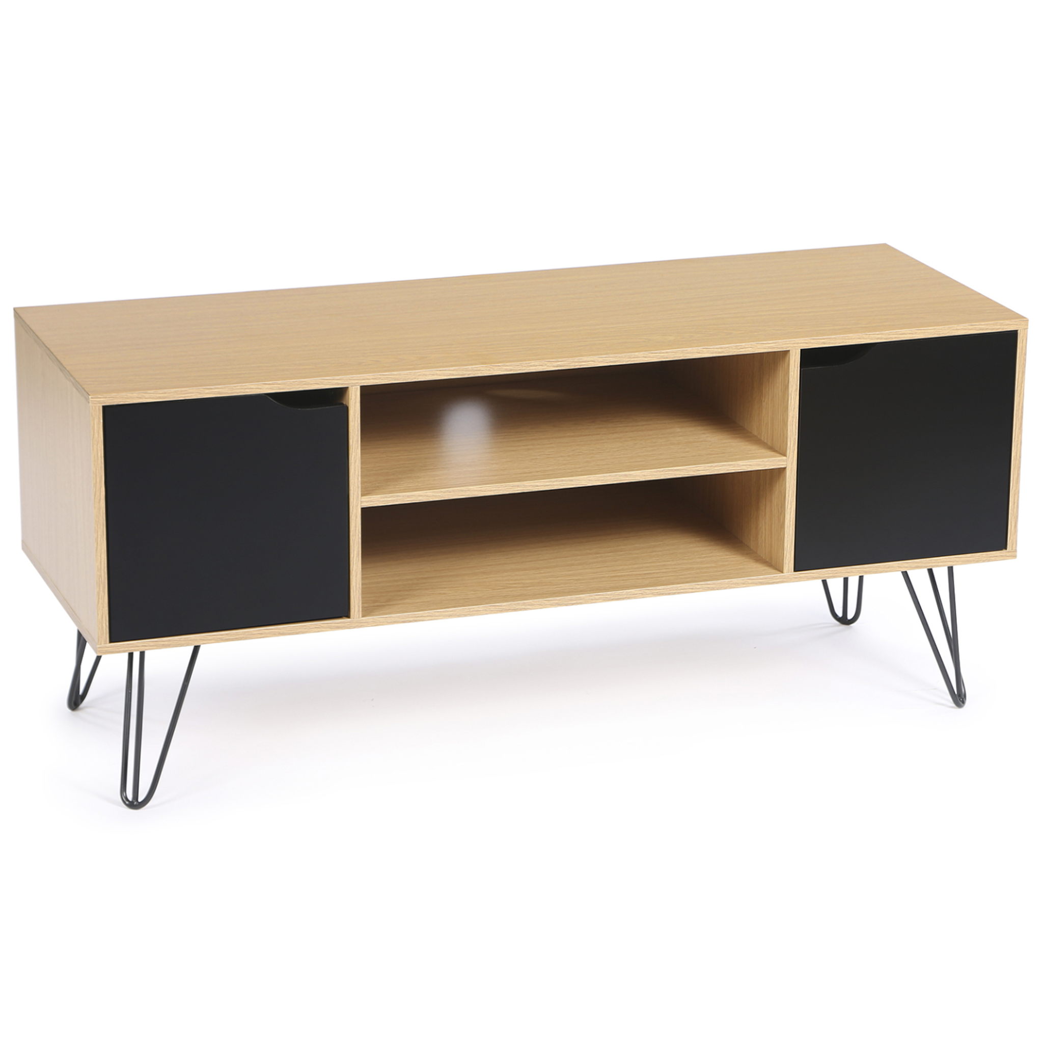 ID MARKET Meuble tv 113 cm vintage noemi pied épingle bois portes noires