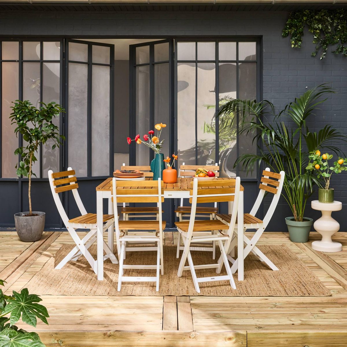 SWEEEK Table de jardin acacia avec coins arrondis, 6 chaises, 120 x 80 x 75 cm