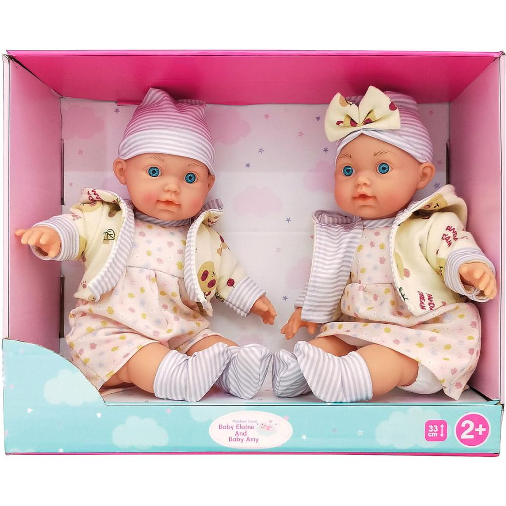 Coffret poupées jumeaux 2 poupées 33 cm yeux bleus, tenues et accessoires assortis, boîte vitrine