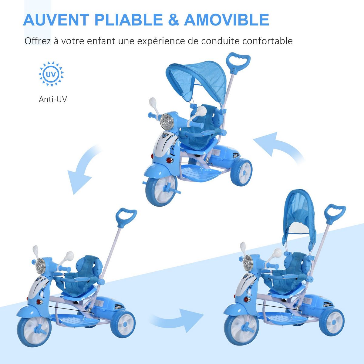 HOMCOM Tricycle enfants évolutif canne, pare-soleil pliable amovible effets lumineux sonores métal blanc PP polyester bleu