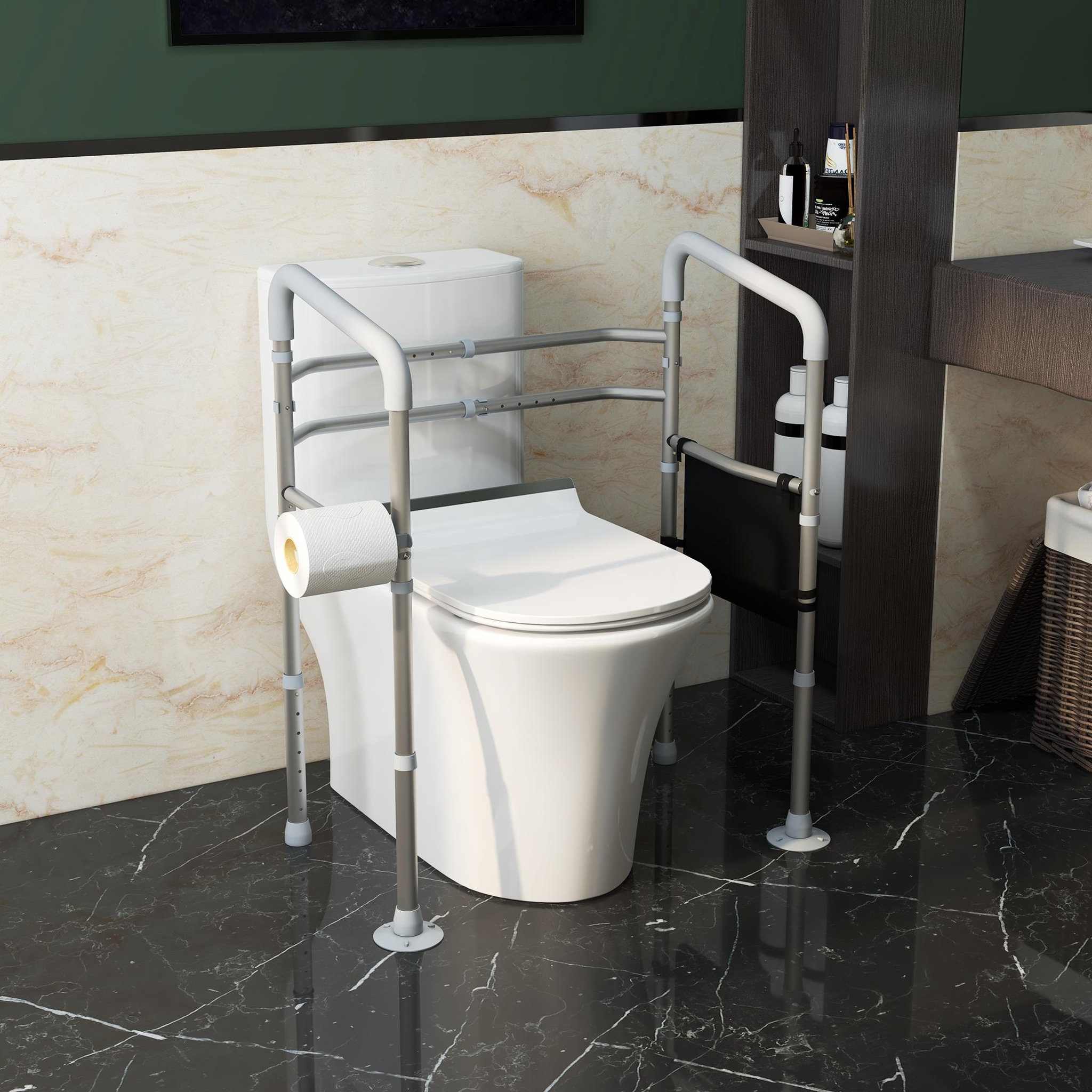 Voir la diapositive 2 : HOMCOM Cadre de sécurité de toilettes - cadre de toilettes réglable - barres d'appui rembourrées pour toilettes - alu. EVA gris