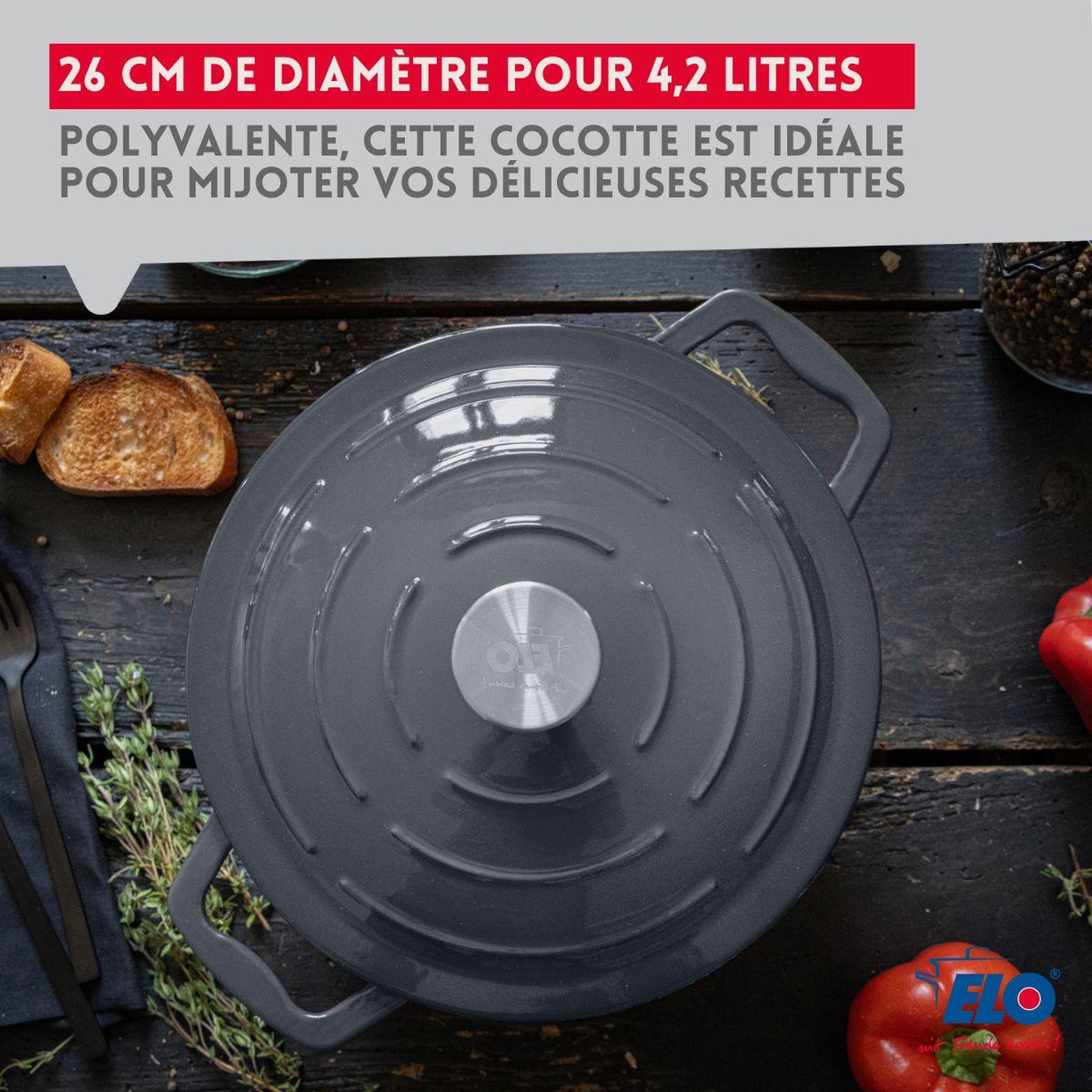 Voir la diapositive 5 : ELO Cocotte 26 cm en fonte émaillée gris classique 4.5 l elo