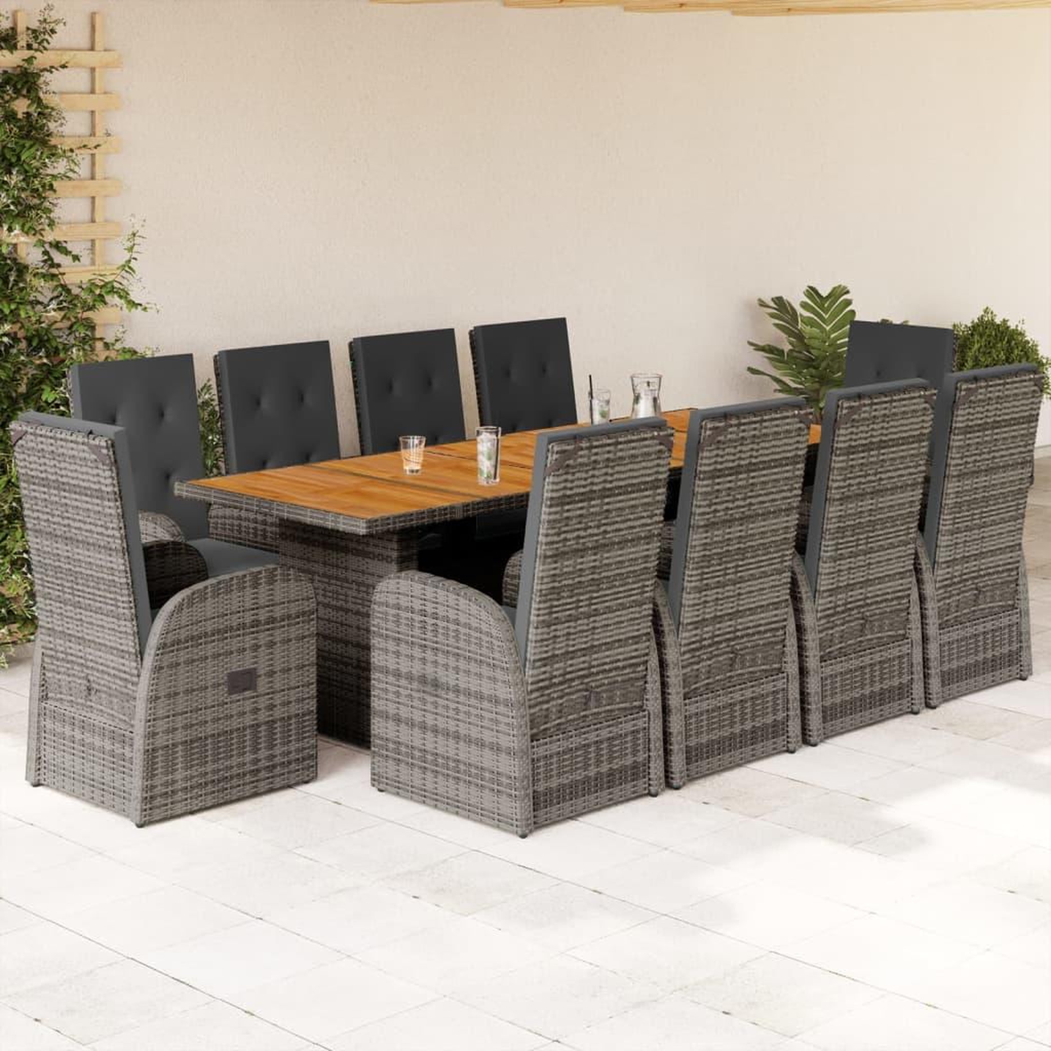 VIDAXL Ensemble a manger de jardin 11pcs avec coussins gris poly rotin
