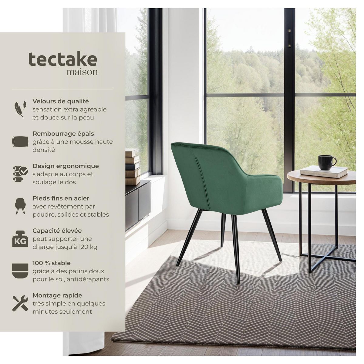 tectake Chaise style scandinave rembourrée aspect velours vert foncé/noir Lot de 6
