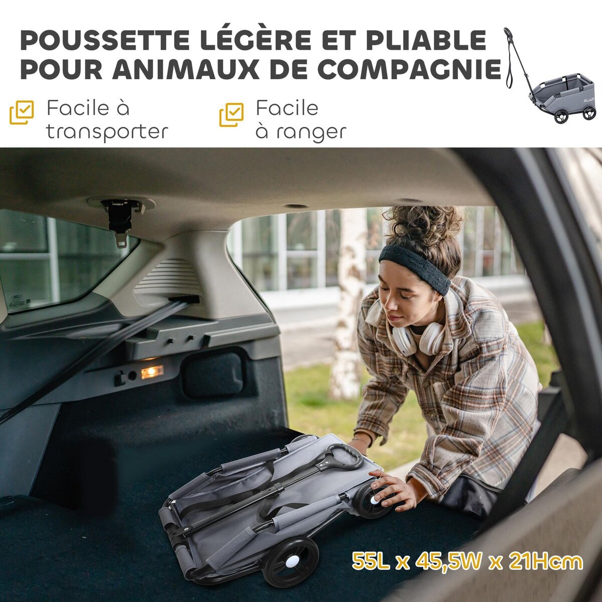 PAWHUT Poussette chien chariot 4 roues pliable avec poignée multidirectionnelle - nombreux équipements - noir gris