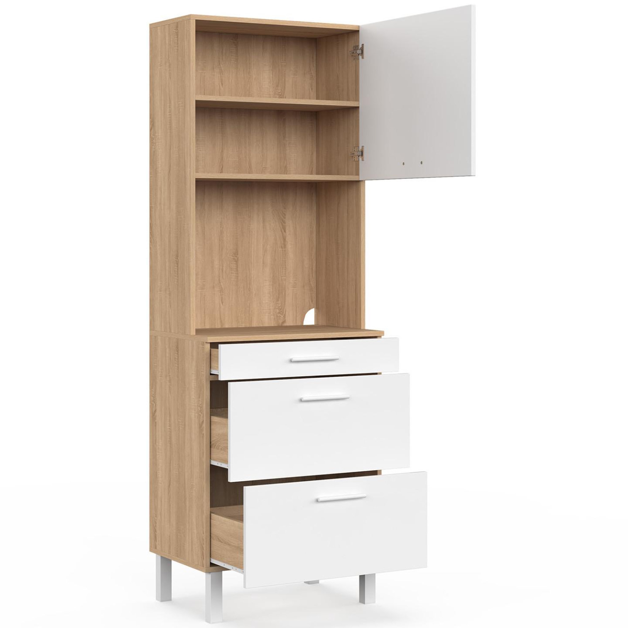 Voir la diapositive 4 : ID MARKET Colonne de cuisine micro-ondes et casserolier 60 cm cina 2 portes façon hêtre et blanc