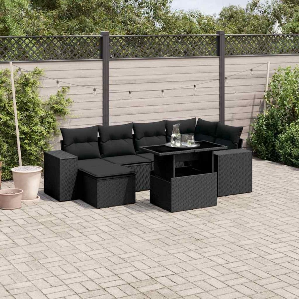 VIDAXL Salon de jardin 7 pcs avec coussins noir resine tressee