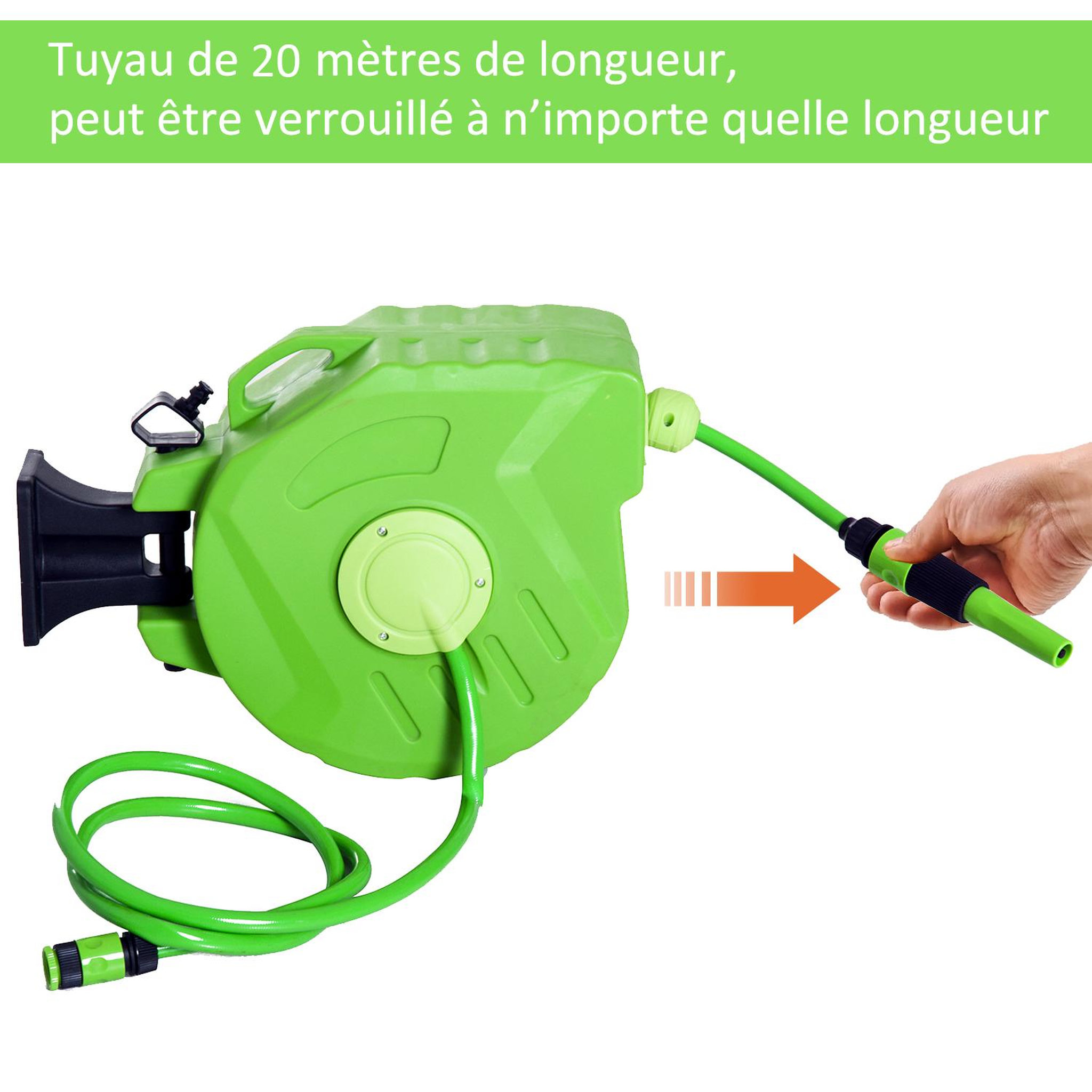 Voir la diapositive 6 : OUTSUNNY Dévidoir mural enrouleur automatique pivotant 180° tuyau 20 + 2 m avec lance arrosage support mural intégré vert