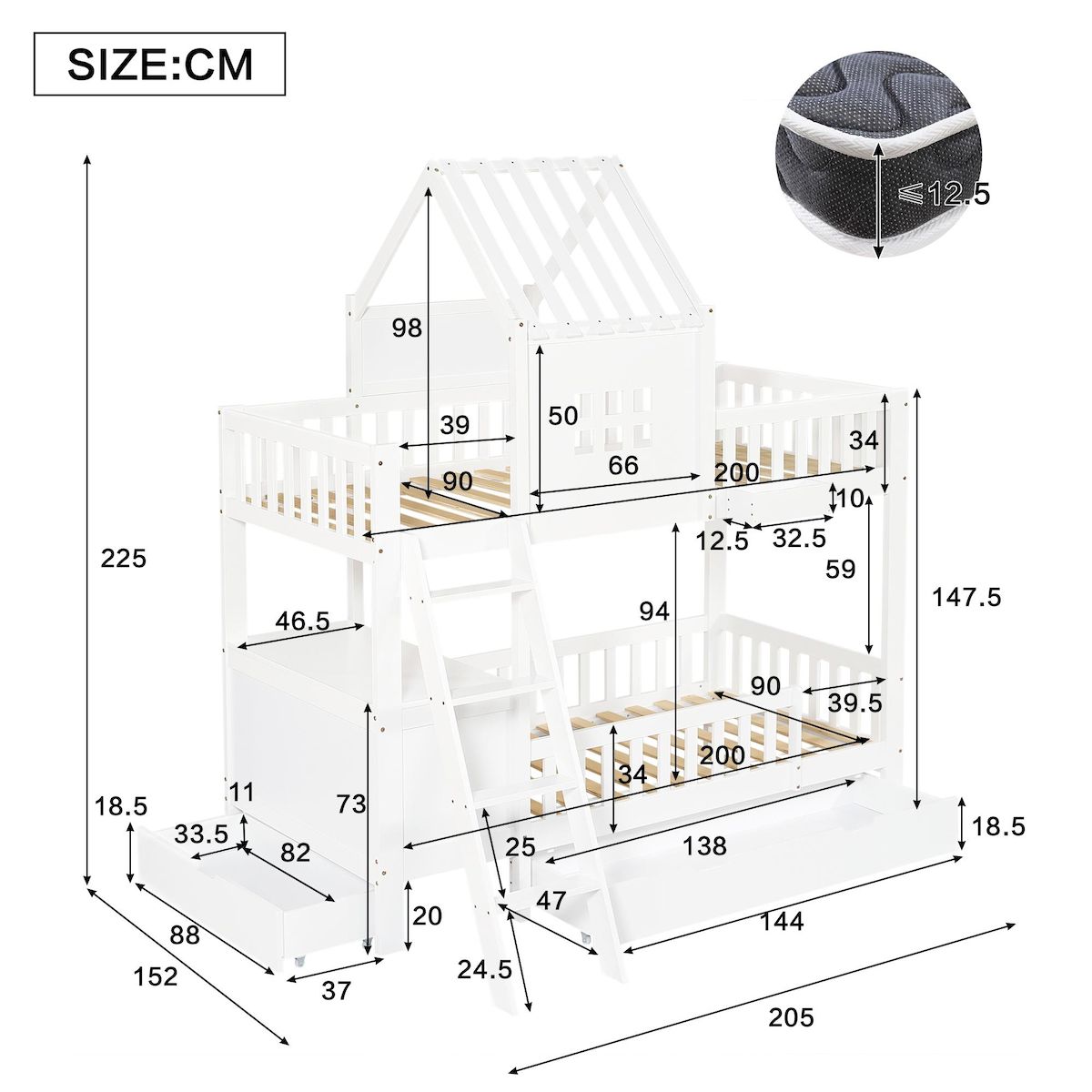 MERAX Lit superposé 90x200cm coloris blanc pin et mdf