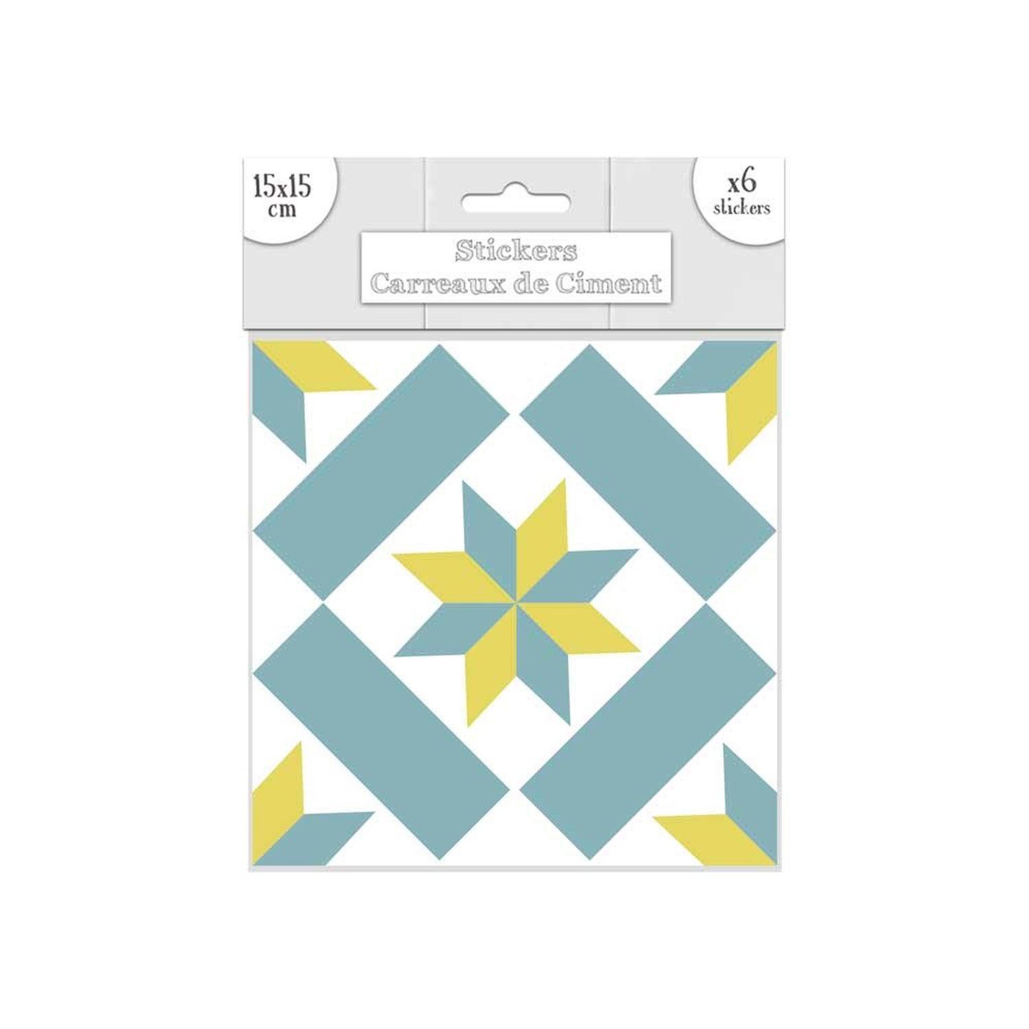 SUD TRADING 6 stickers carreaux de ciment - 15 x 15 cm - bleu et jaune