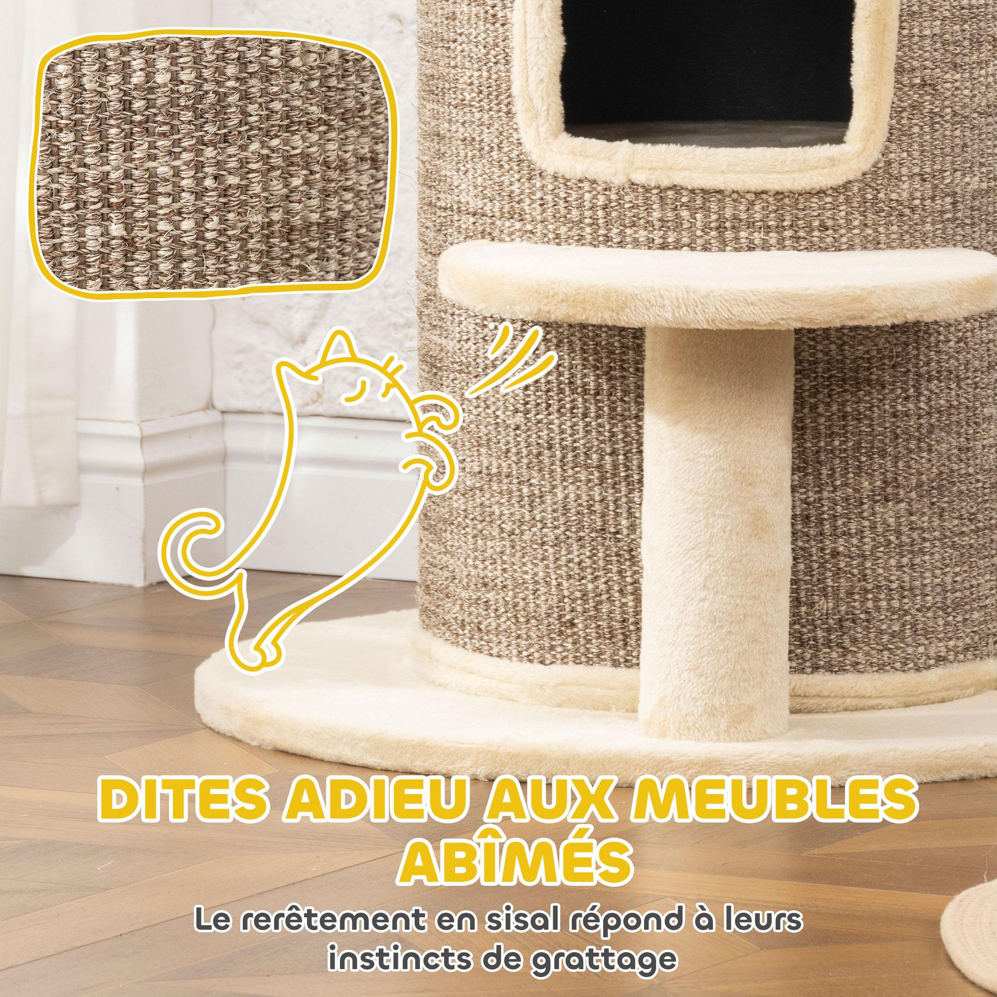 Voir la diapositive 5 : PAWHUT Arbre à chat cylindrique - tour à griffer pour chat h.61cm - tonneau griffoir - 2 niveaux + plateforme - sisal peluche beige