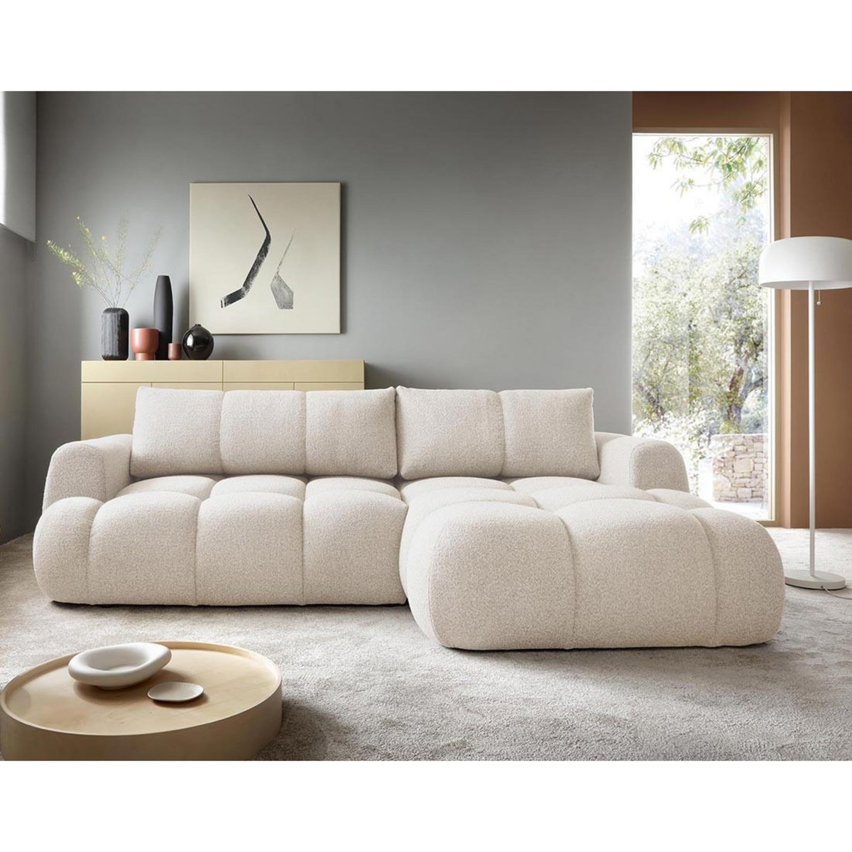 BEST MOBILIER Yulin - canapé d'angle droit 4 places convertible avec coffre en tissu bouclette