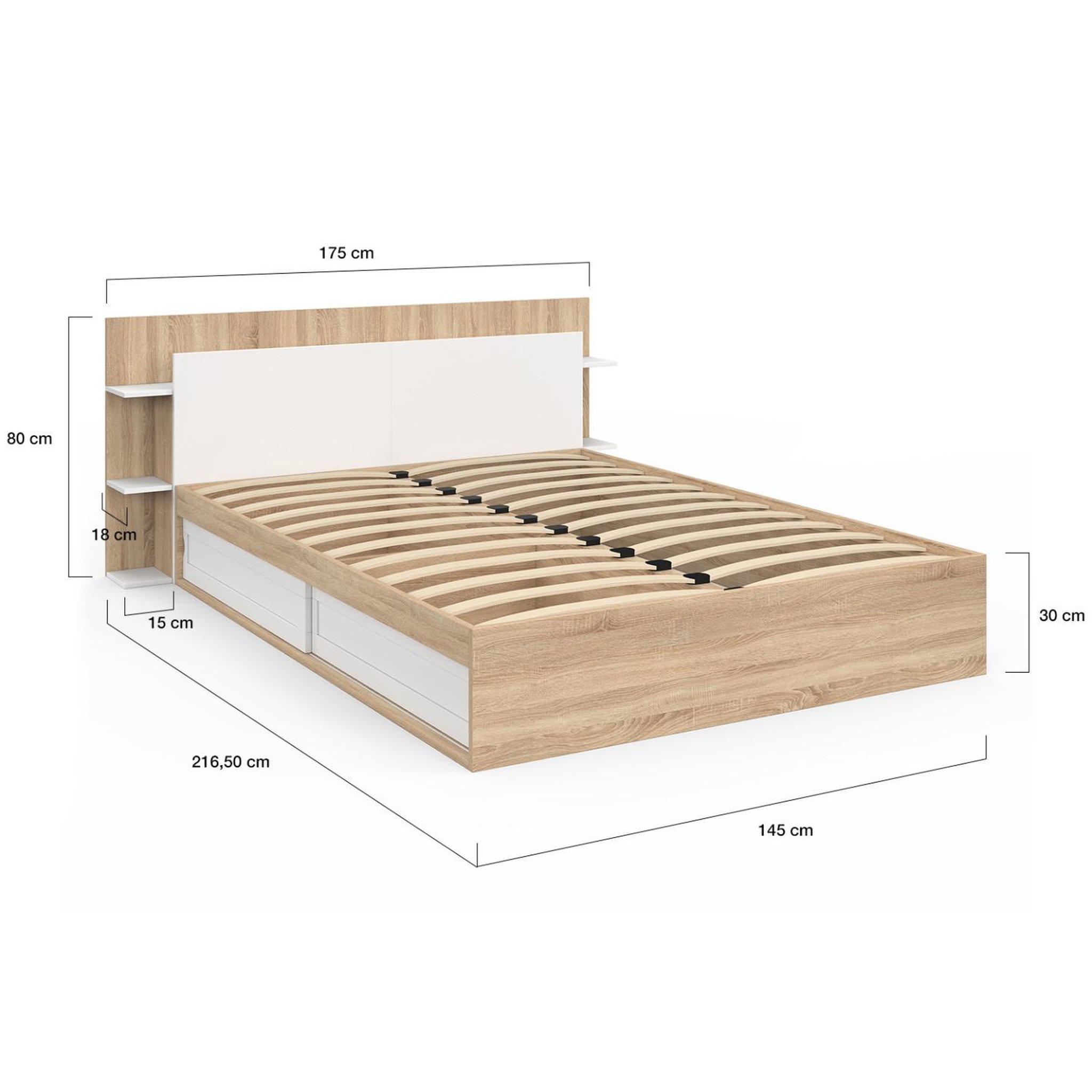 Voir la diapositive 4 : ID MARKET Lit double sari avec rangements, sommier et tête de lit 140 x 190 cm bois et blanc