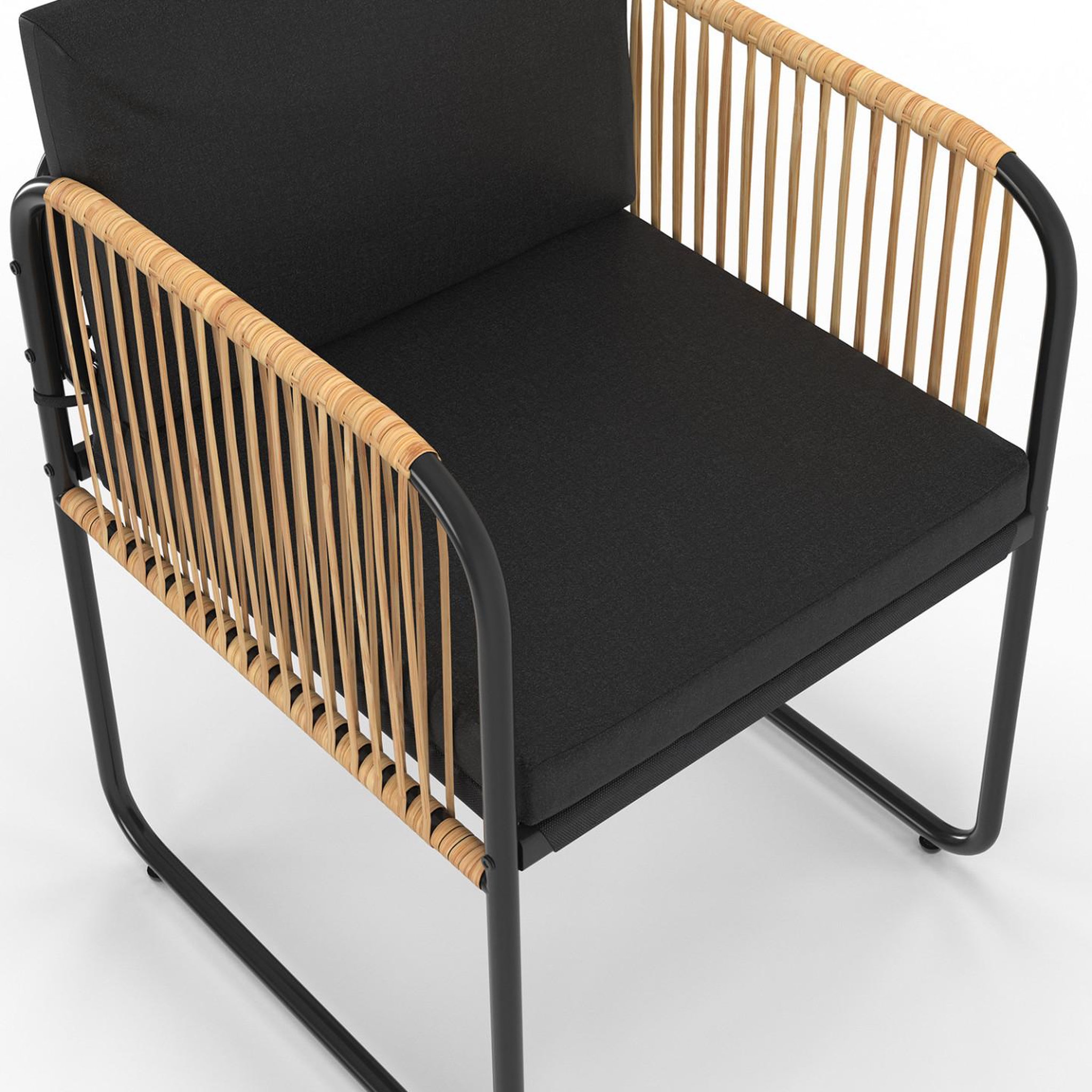 Voir la diapositive 6 : ID MARKET Lot de 4 chaises de jardin RIO structure métal noir, cordage effet rotin clair et coussins noirs