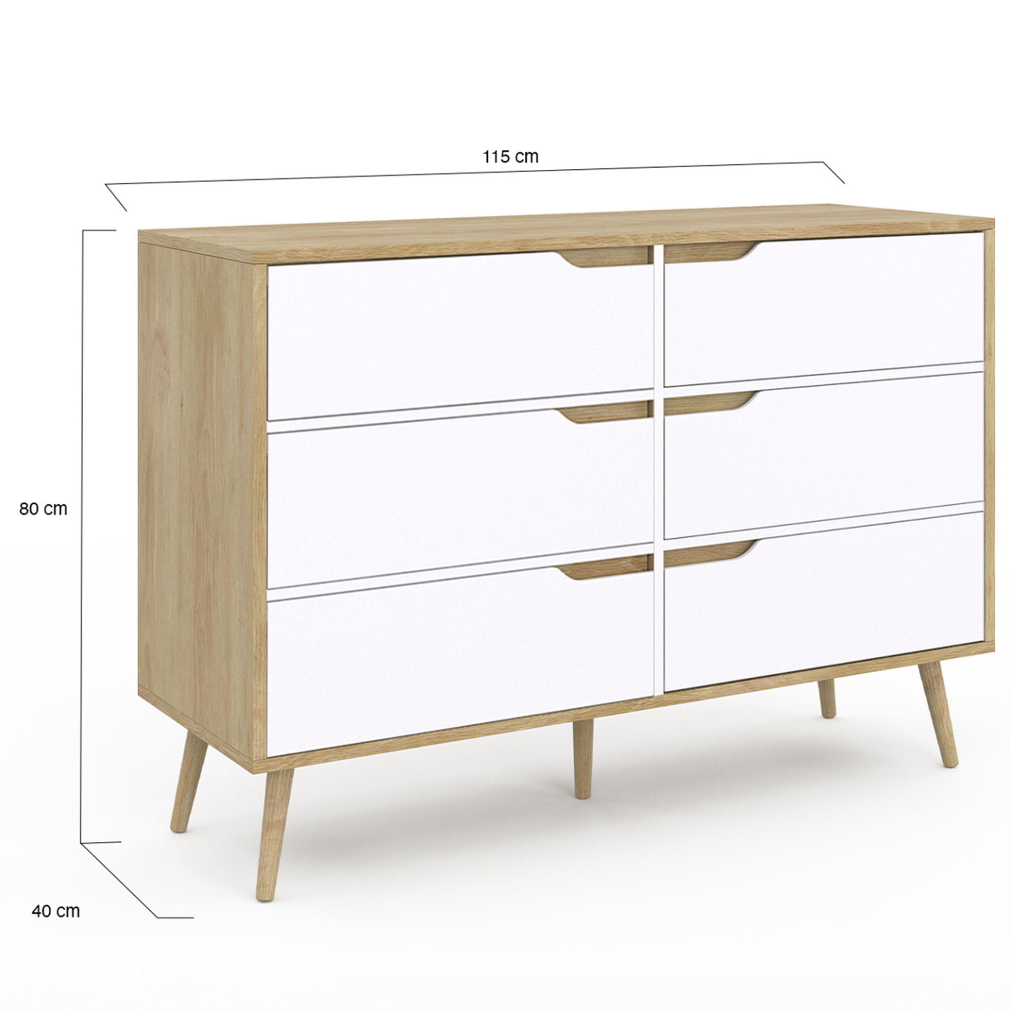 Voir la diapositive 5 : ID MARKET Commode 6 tiroirs helsinki 115 cm scandinave bois et blanc