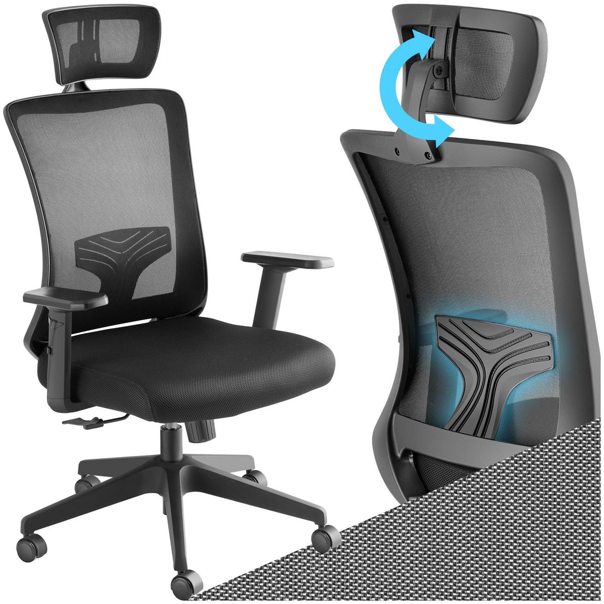 tectake Fauteuil de bureau forme ergonomique avec soutien lombaire et appuie-tête réglables noir