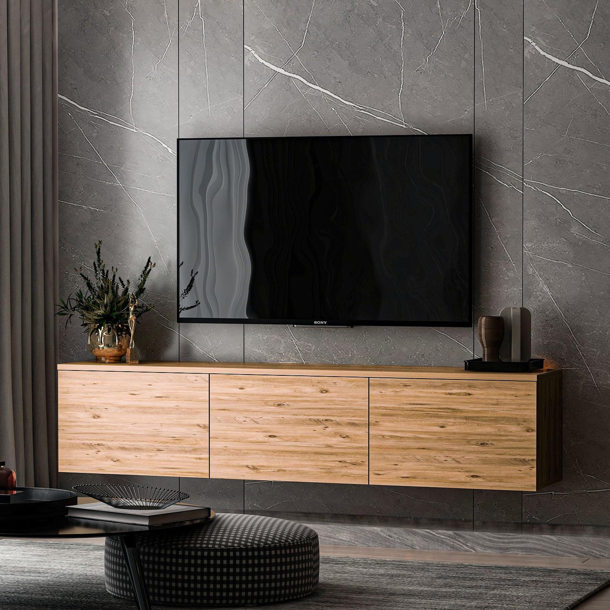 Voir la diapositive 2 : Habitat et Jardin Meuble tv suspendu en bois avec éclairage led  neon  - 160 x 32 x 35 cm - marron clair