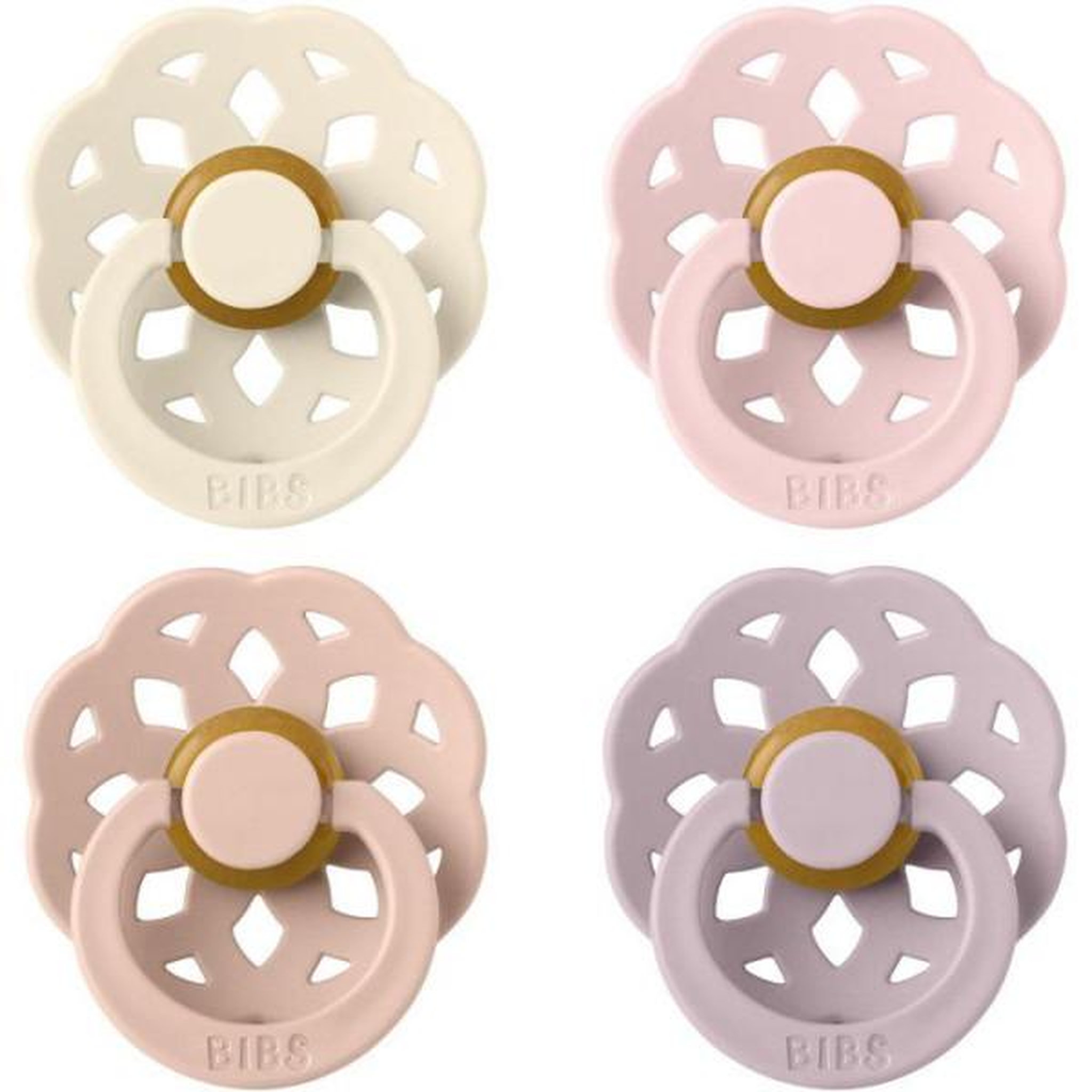 Voir la diapositive 2 : BIBS Sucette bébé - BIBS - Boheme - Embout rond - Pack de 4 - Caoutchouc naturel - Taille 1 Ivory Blush Blossom Dusty Lilac