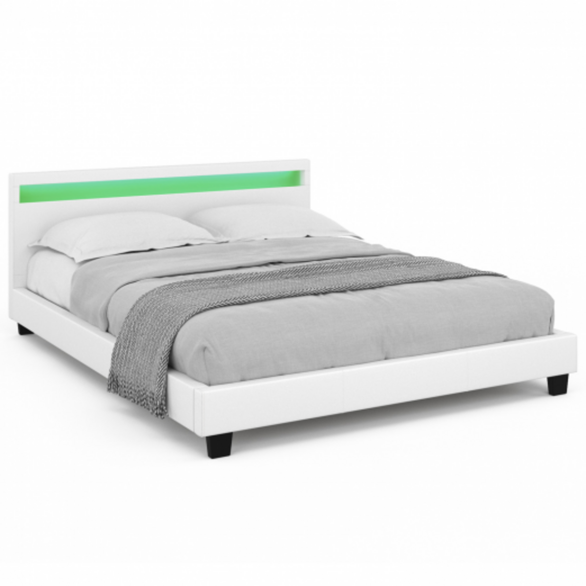 ID MARKET Lit double NEO avec tête de lit LED intégrées et sommier 160 x 200 cm PVC blanc