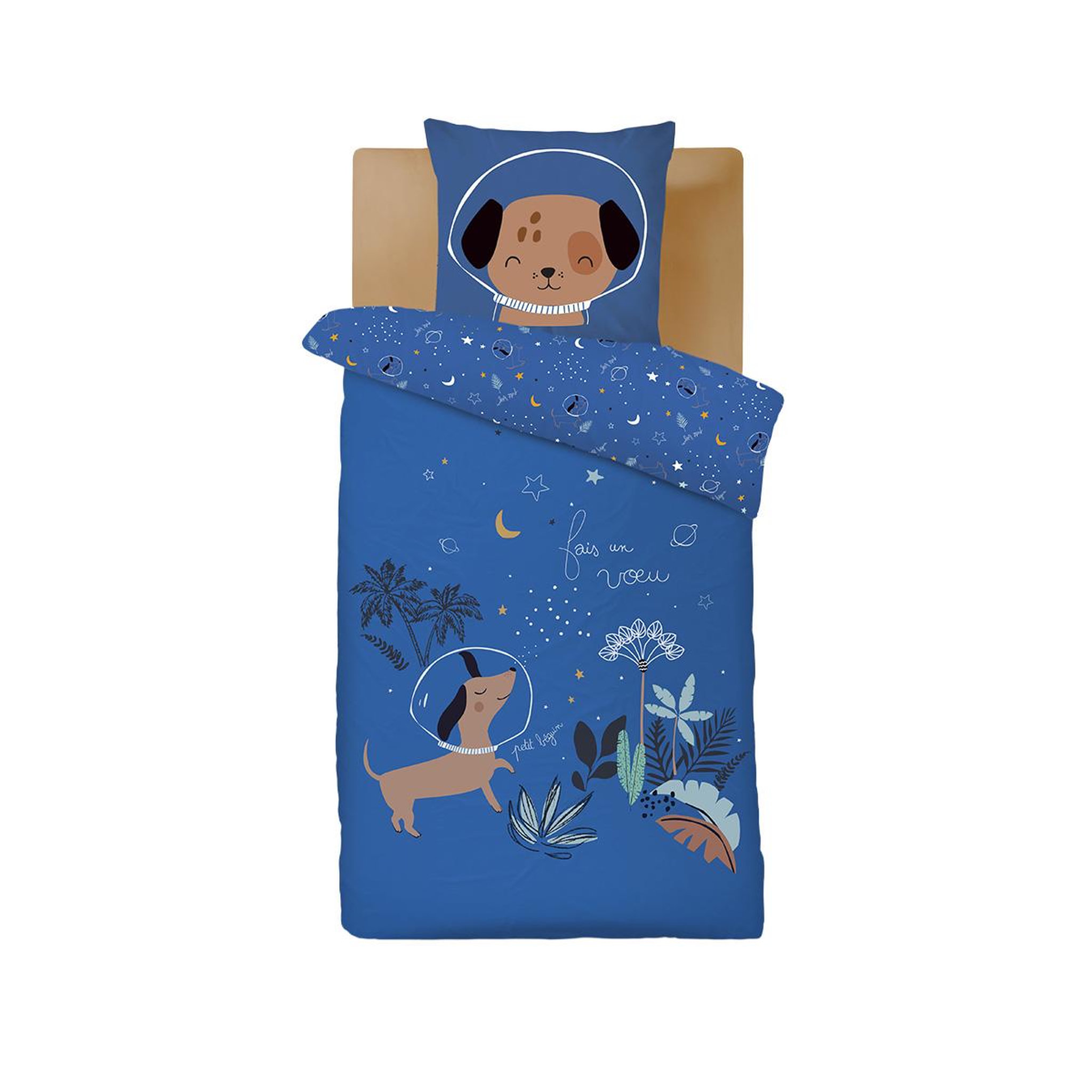 Petit Béguin Housse de couette enfant + taie d'oreiller Milo. Coloris disponibles : Bleu