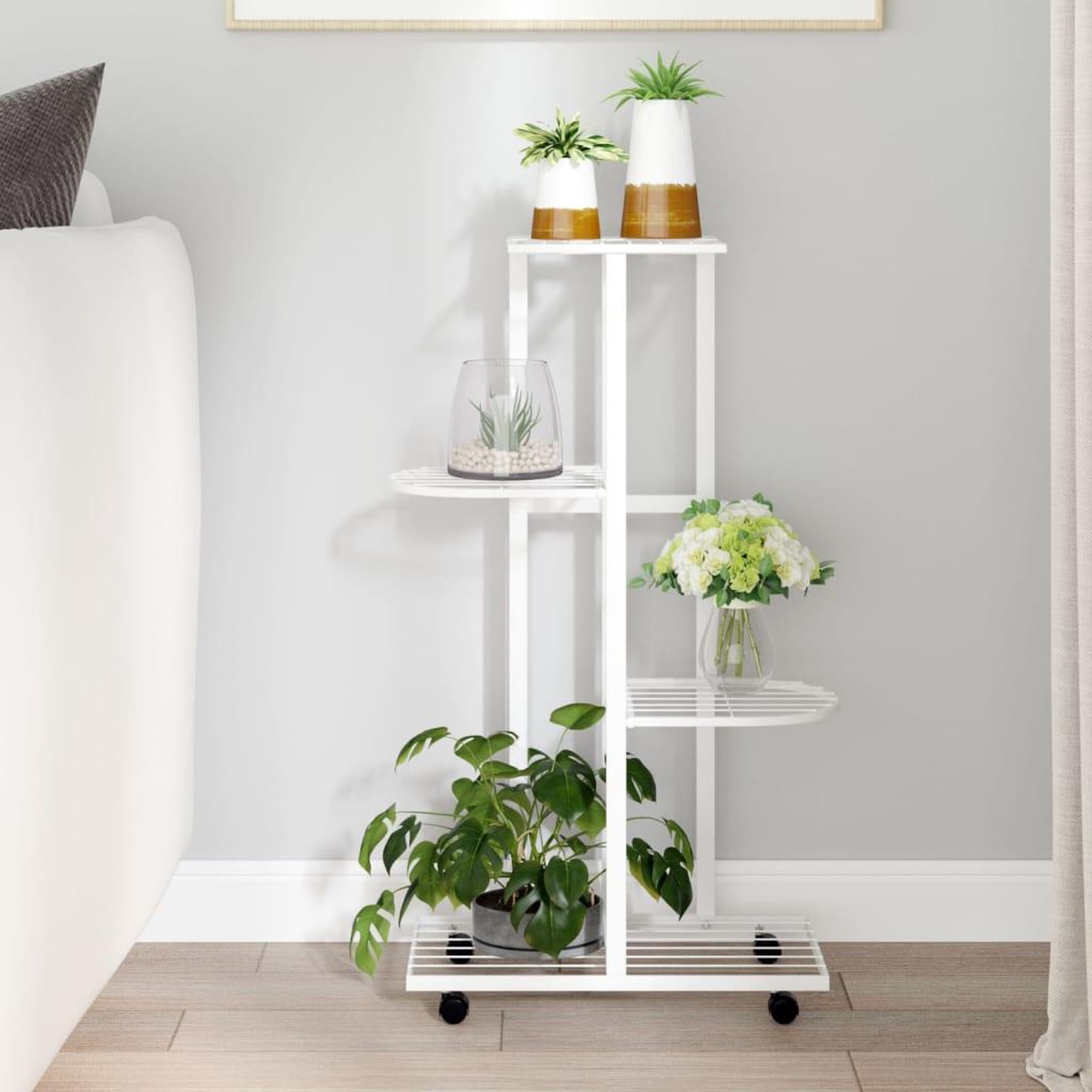 Voir la diapositive 1 : VIDAXL Jardiniere a 4 niveaux avec roues 44x23x80 cm Blanc Fer