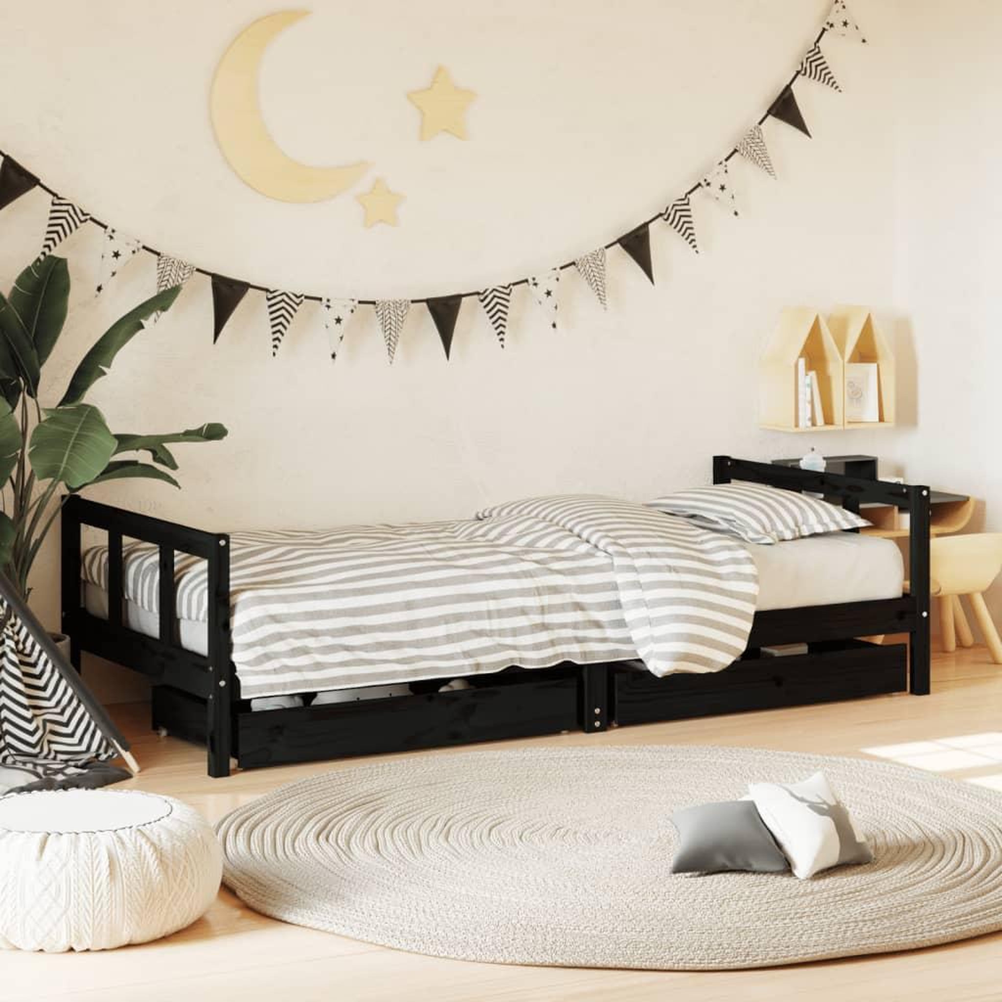 VIDAXL Cadre de lit enfant avec tiroirs noir 90x200 cm bois pin massif