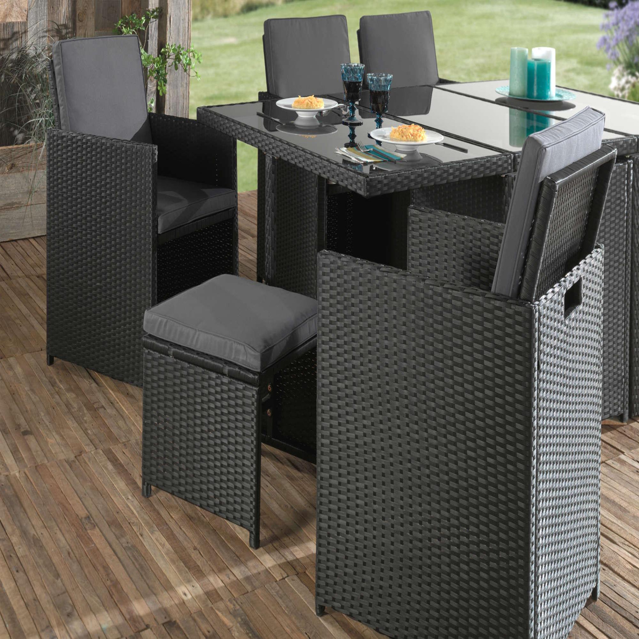 Voir la diapositive 2 : BEST MOBILIER Fira - salon de jardin encastrable 10 places - en résine tressée - noir avec coussins gris + housse de protection