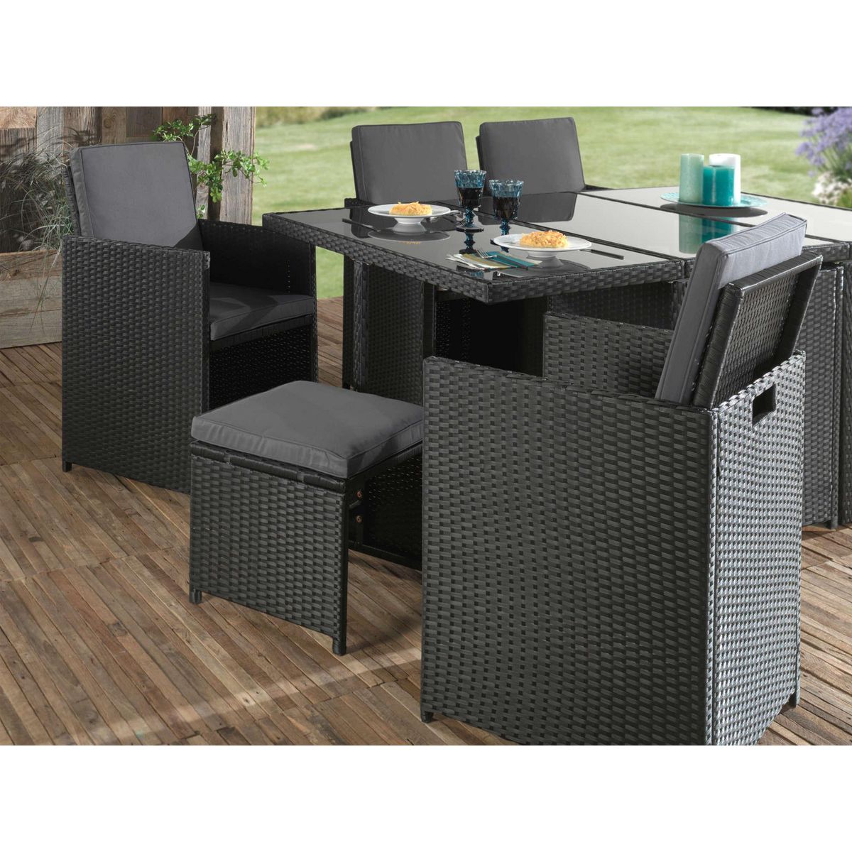 BEST MOBILIER Fira - salon de jardin encastrable 10 places - en résine tressée - noir avec coussins gris + housse de protection