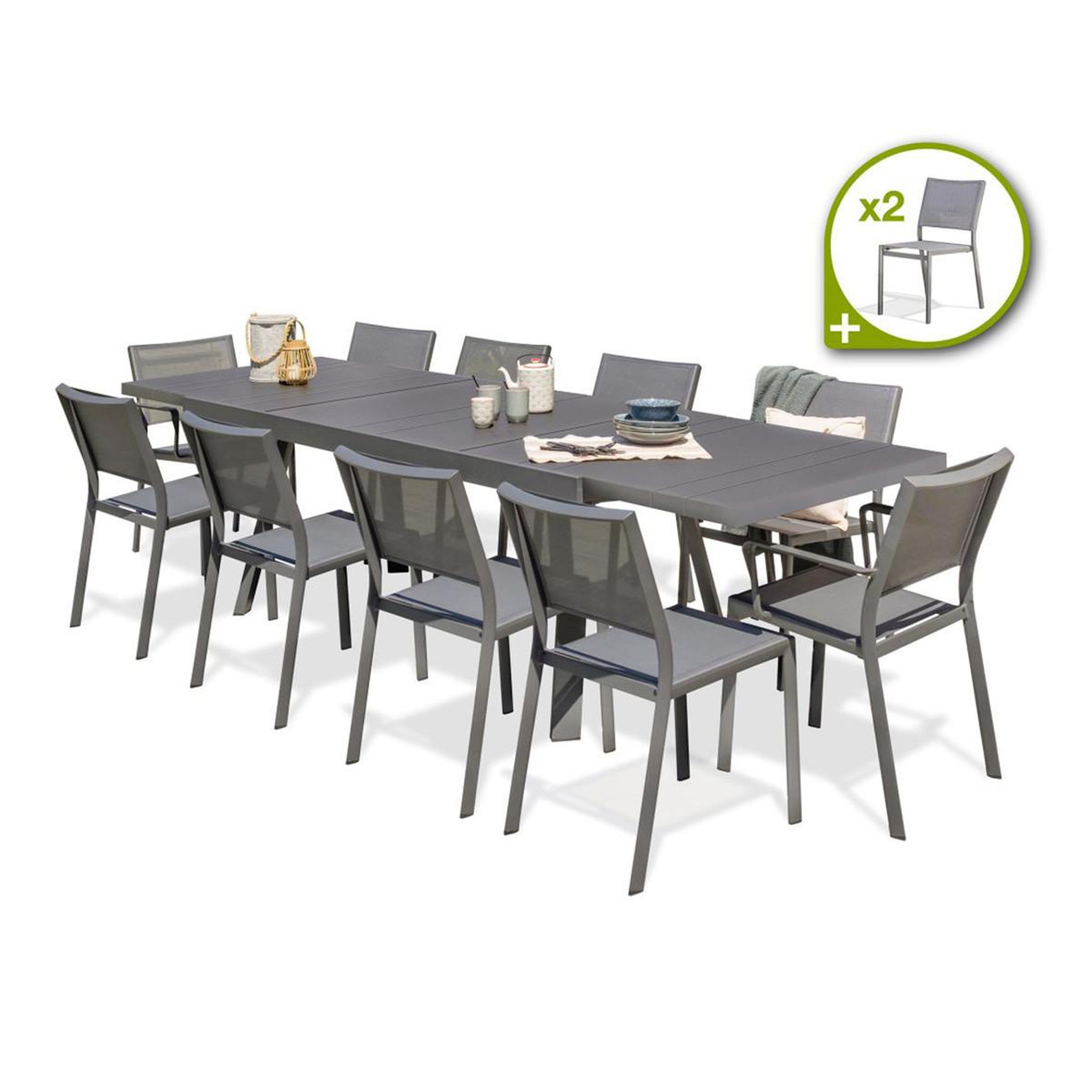 DCB GARDEN Ensemble Table de Jardin 10 Chaises & 2 Fauteuils  Stockholm  200-300cm Gris Anthracite