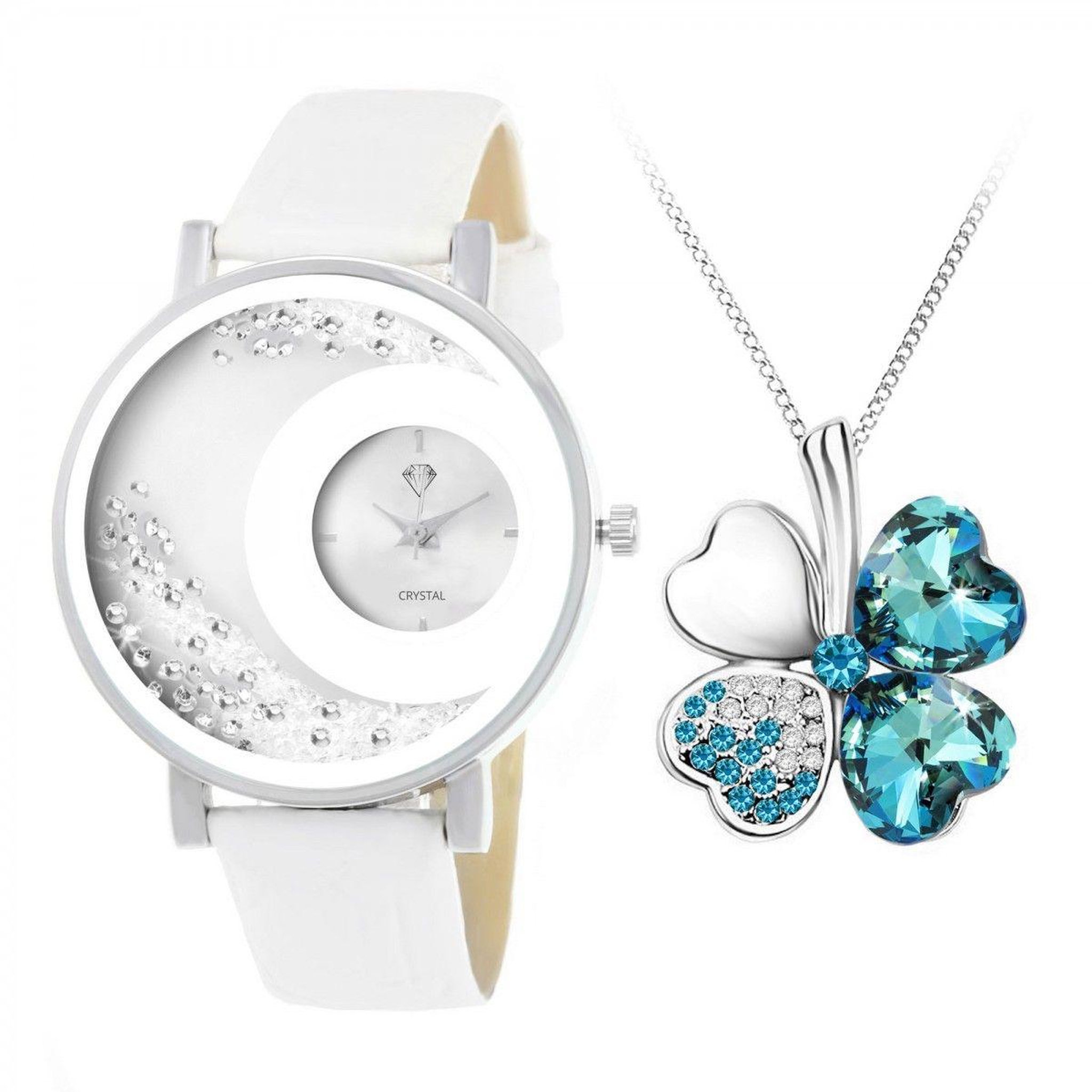 SC CRYSTAL Montre Luna SC Crystal ornée de plus de 100 Cristaux scintillants et son Collier trèfle bleu