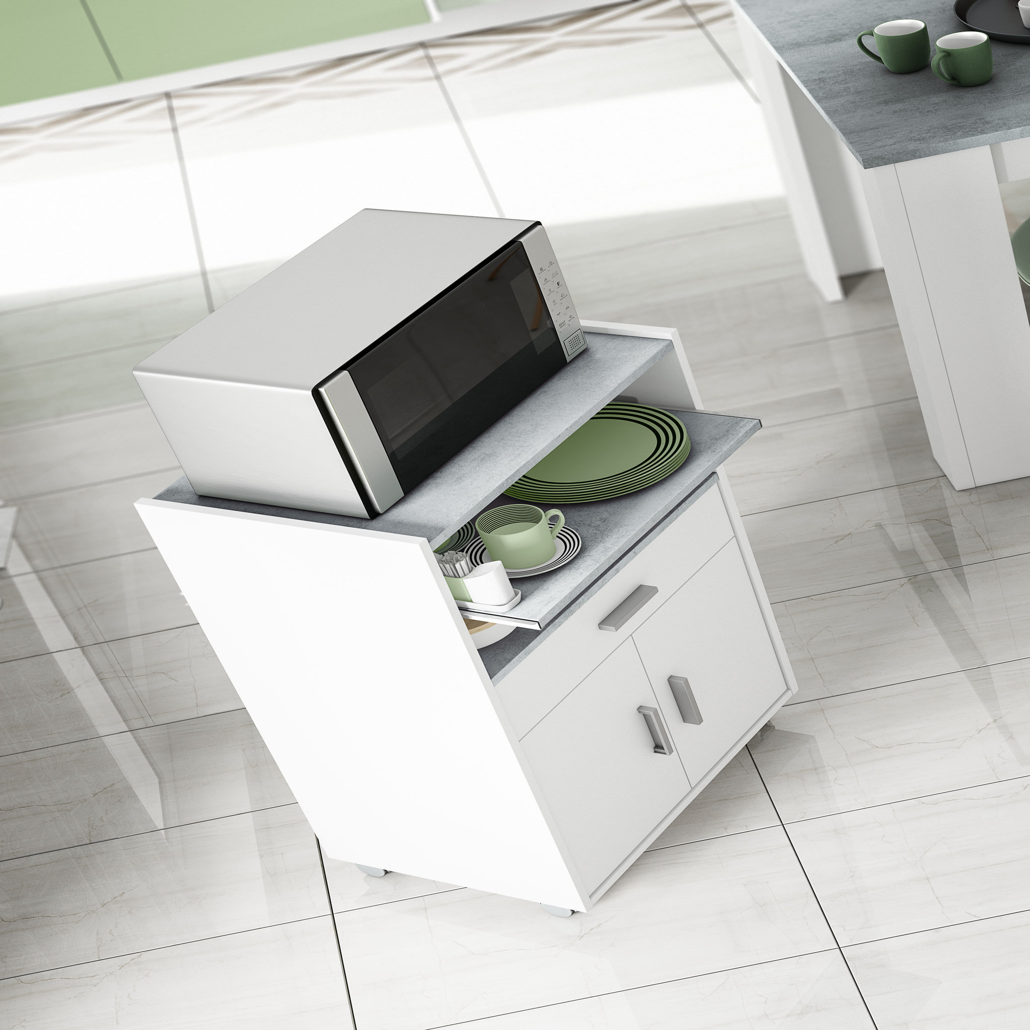 Voir la diapositive 2 : Desserte micro ondes 2 portes 1 tiroir L 59 cm x H 92cm CALI