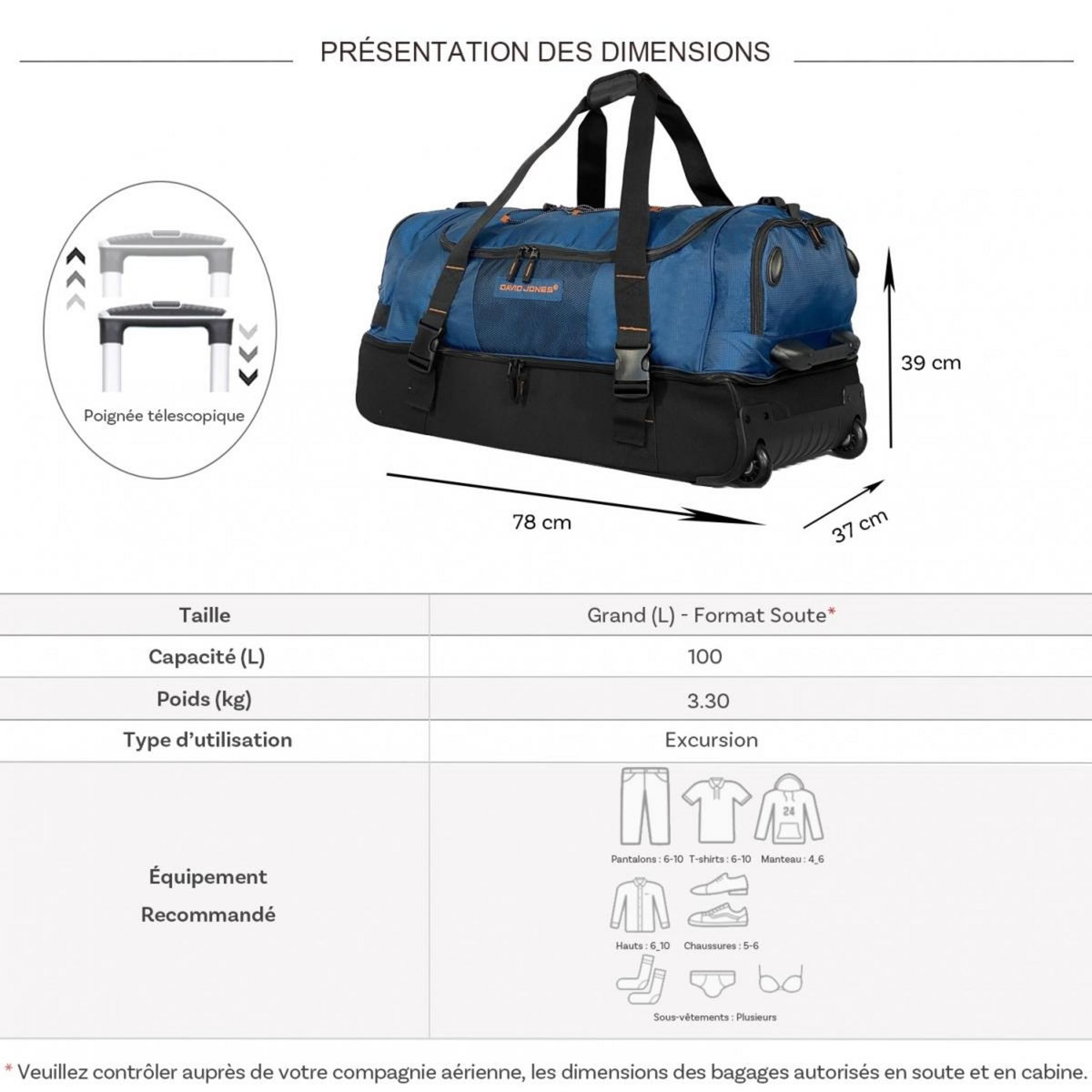 David Jones Sac de voyage à roulettes 100L double compartiment 78cm