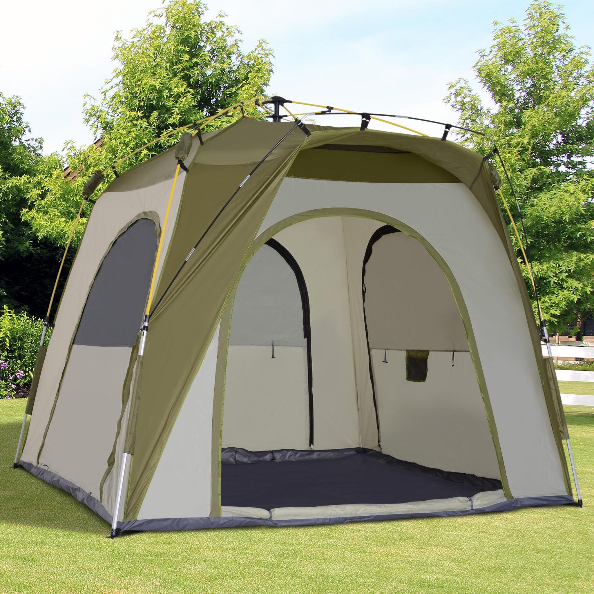 Voir la diapositive 2 : OUTSUNNY Tente de camping familiale 4 personnes montage instantanée pop-up 4 fenêtres pare-soleil dim. 2,4l x 2,4l x 1,95h m fibre verre polyester vert gris