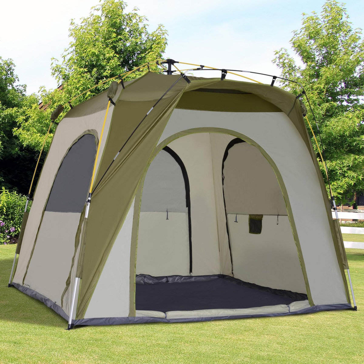 OUTSUNNY Tente de camping familiale 4 personnes montage instantanée pop-up 4 fenêtres pare-soleil dim. 2,4L x 2,4l x 1,95H m fibre verre polyester vert gris