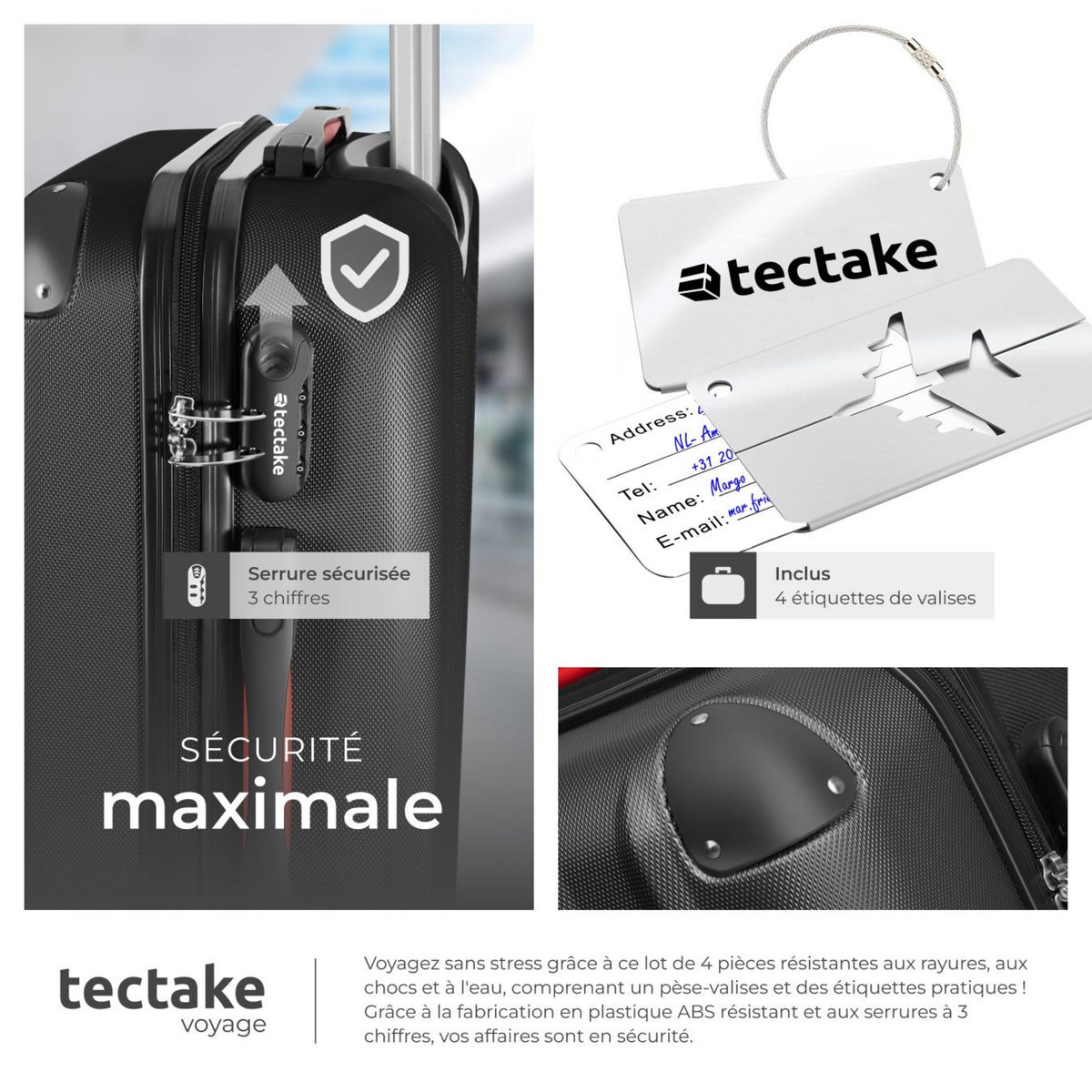 tectake Set de valises rigides 4 pièces, 3 Trolleys, 1 Vanity case, Balance et étiquette bagages inclus noir