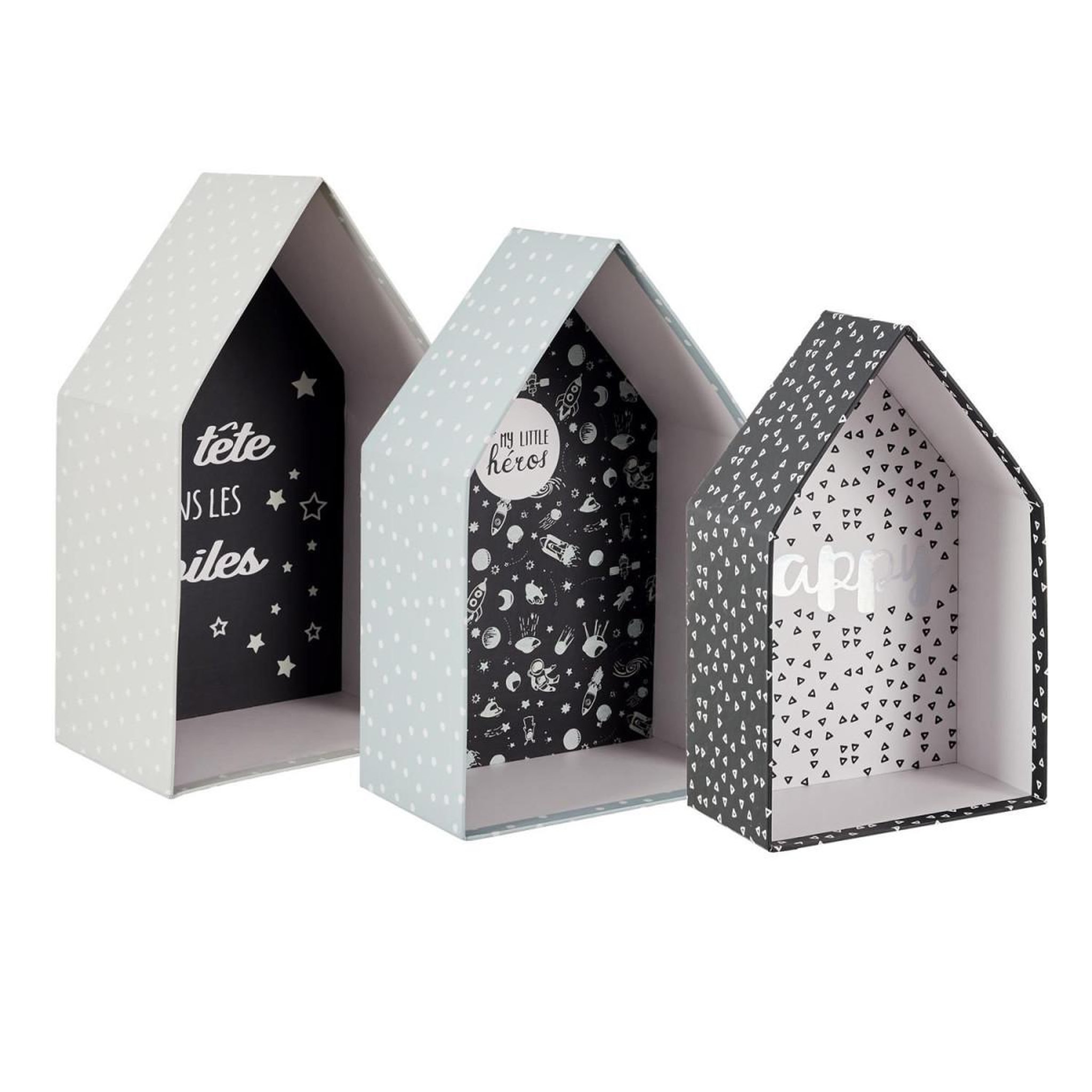 Voir la diapositive 2 : HOME DECO KIDS Lot de 3 boîtes gigognes  maison garçon  32cm gris