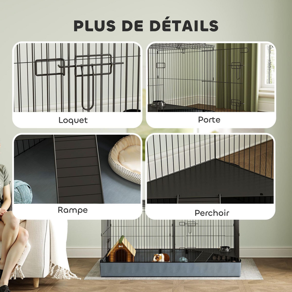 PAWHUT Cage pour cochon d'inde avec séparation 2 zones - plateforme observation, rampe, portes - acier noir PVC tissu gris
