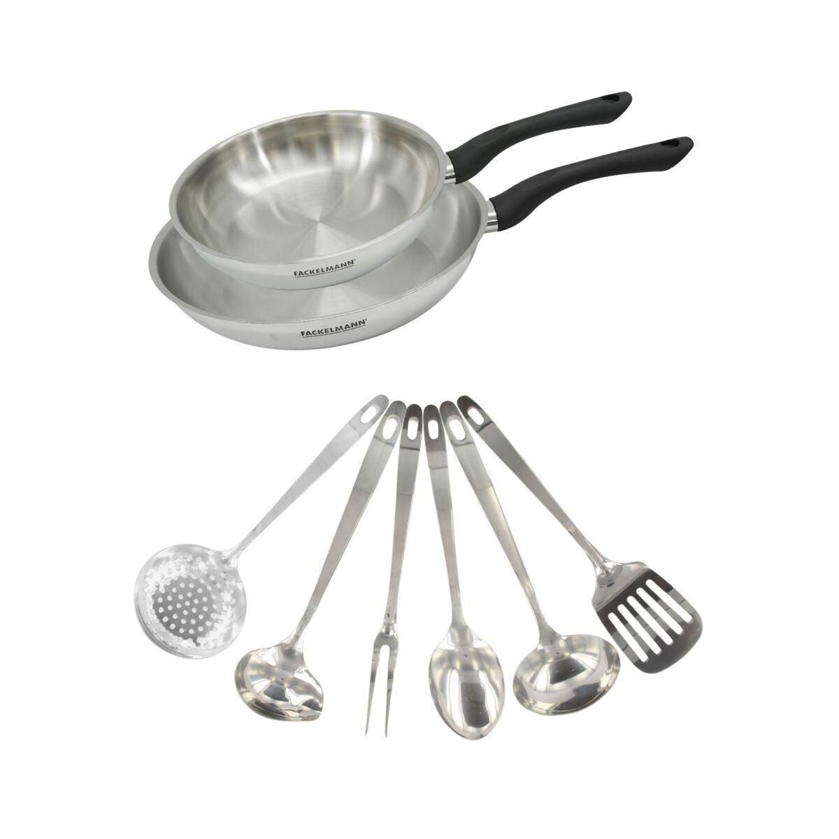 Fackelmann Set 2 poêles 20 et 28 cm en inox et 6 ustensiles inox Fackelmann Geneva