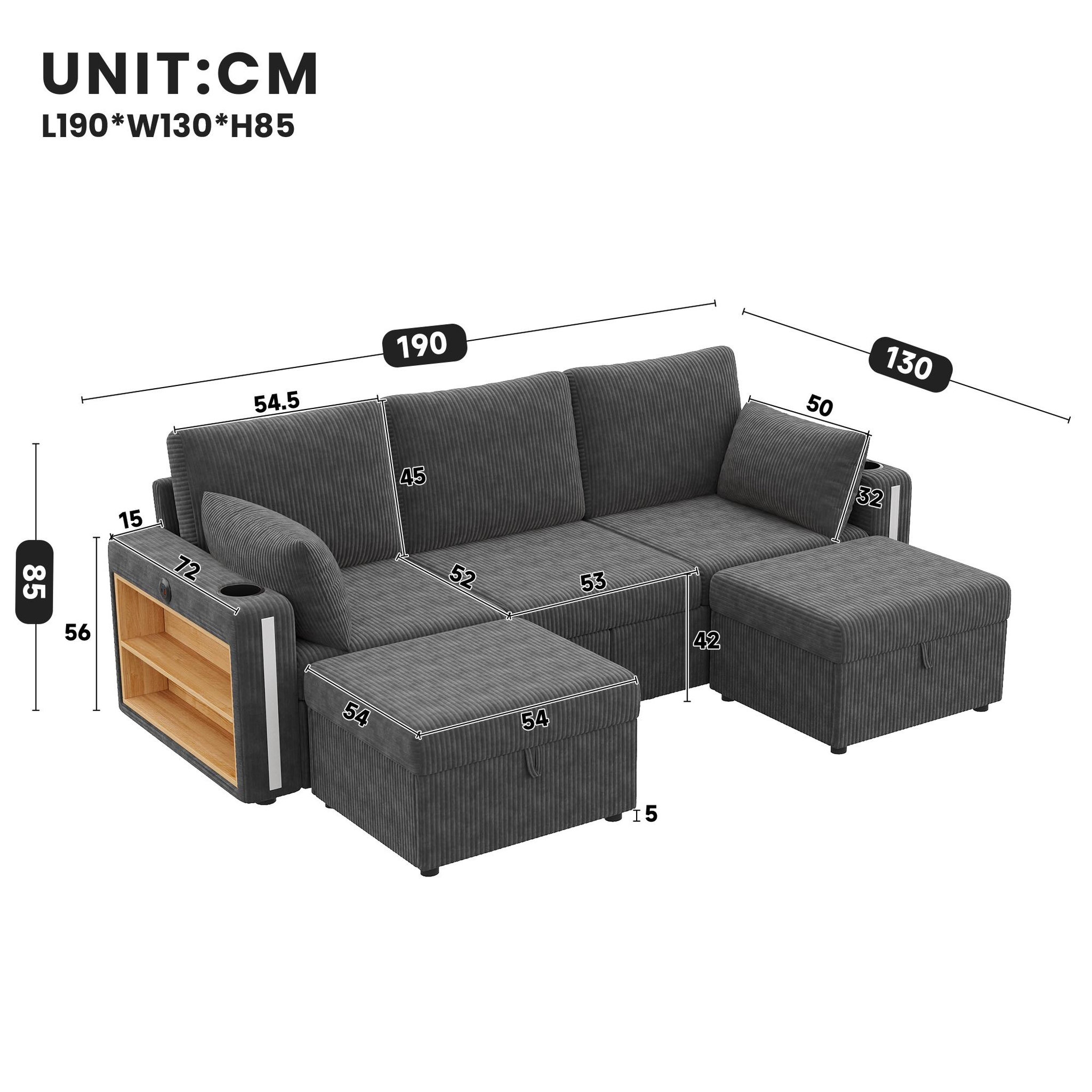 Voir la diapositive 3 : MERAX Canapé d'angle modulable 5 places u/l avec rangement led usb type-c tissu côtelé