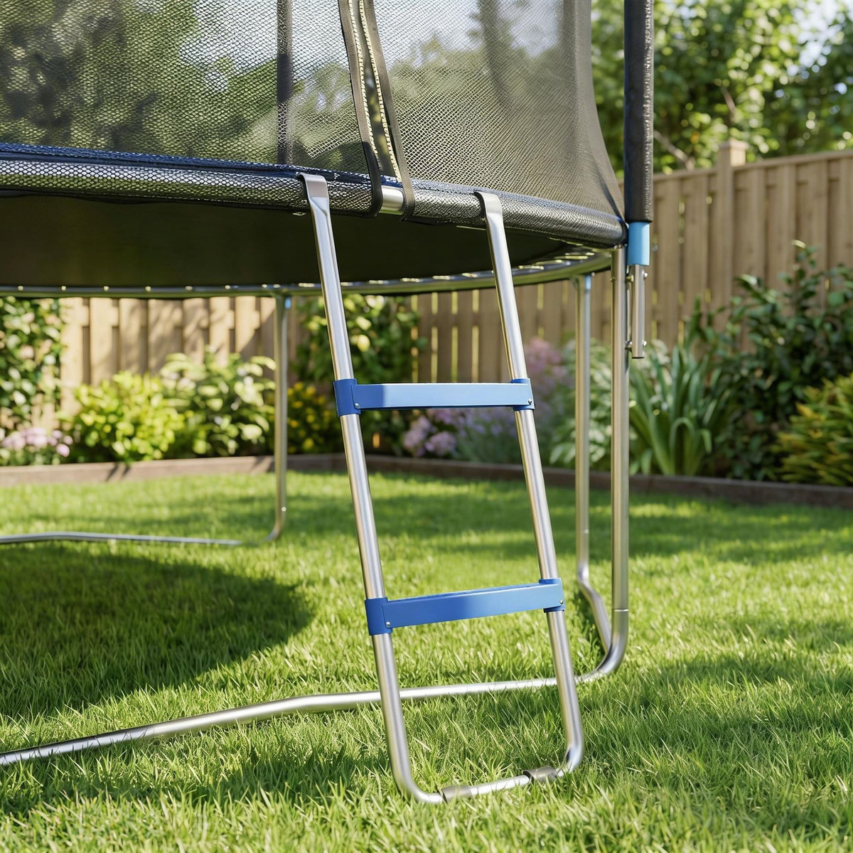 HOMCOM Échelle de trampoline 2 marches larges 150 Kg max. acier PP gris bleu