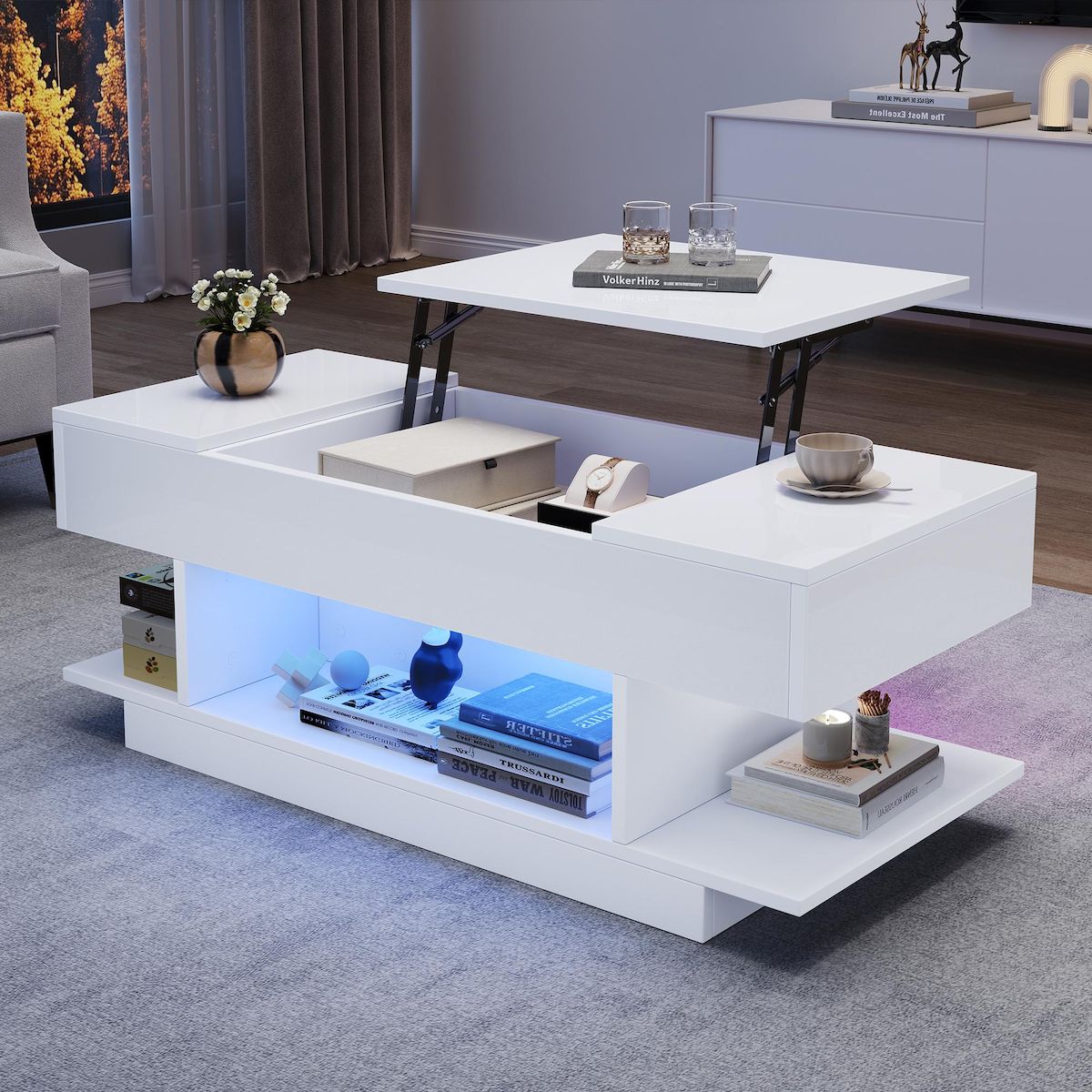 MERAX Table basse relevable rectangulaire blanc - 45x98 cm led panneau de particules