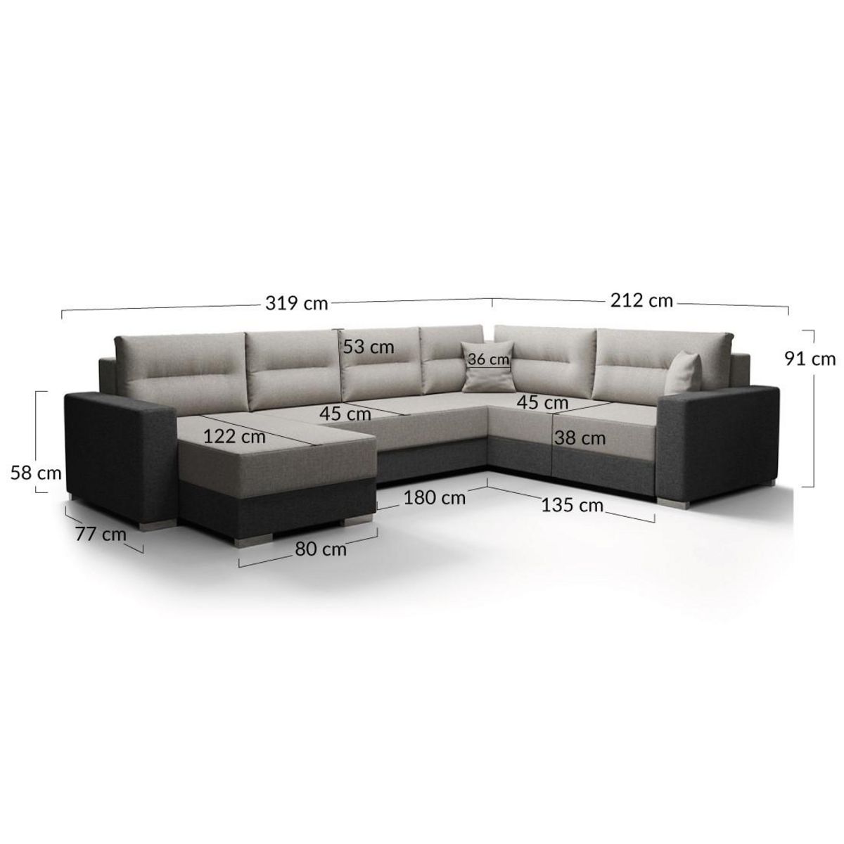 BEST MOBILIER Leslie - canapé panoramique d'angle réversible 7 places convertible avec coffre en tissu