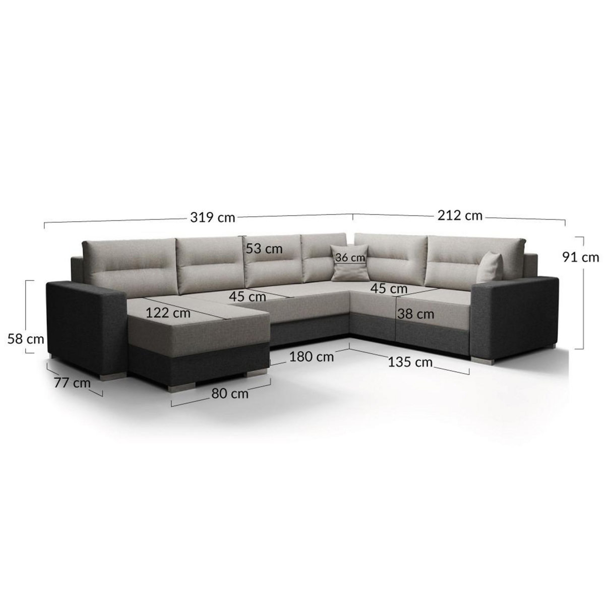 BEST MOBILIER Leslie - canapé panoramique d'angle réversible 7 places convertible avec coffre en tissu