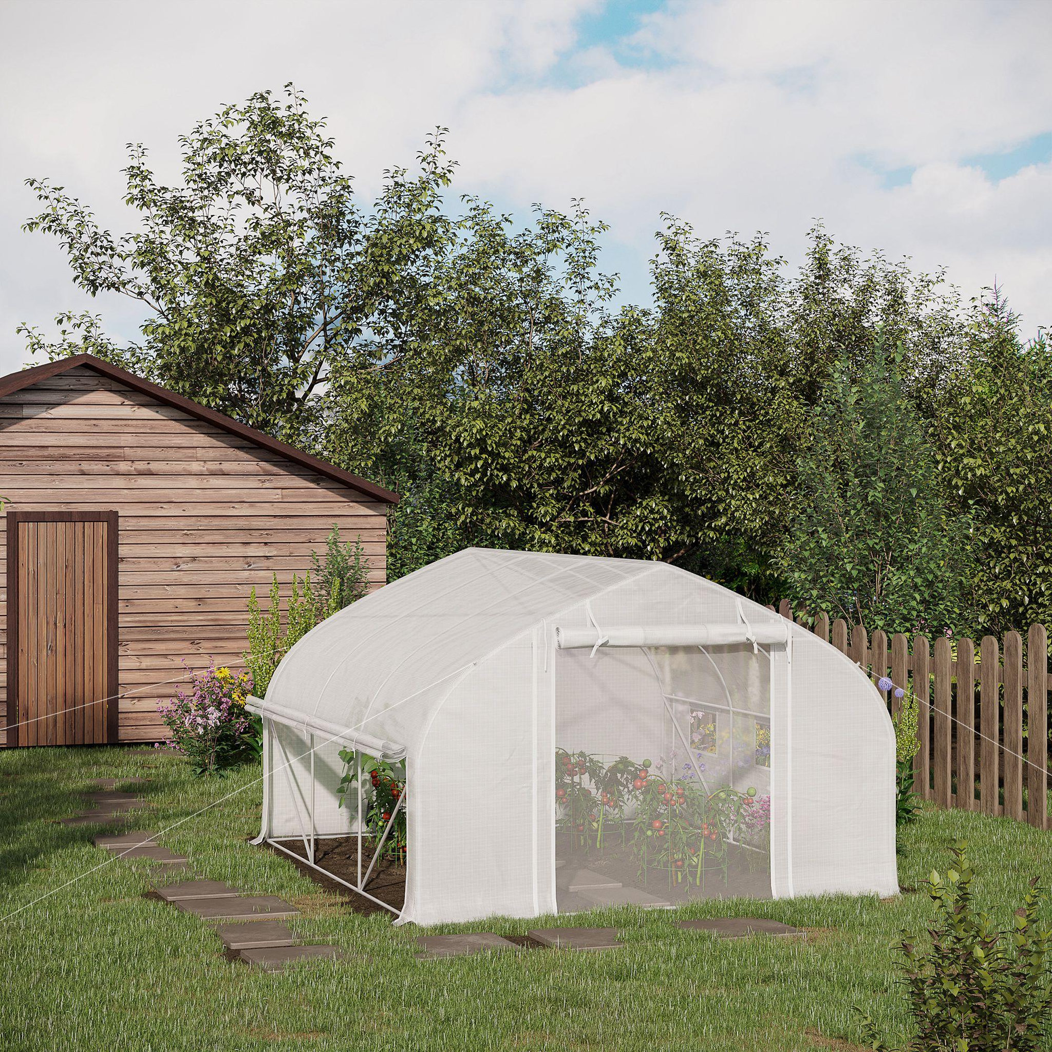 Voir la diapositive 2 : OUTSUNNY Serre de jardin tunnel 10,4 m² - 6 fenêtres et porte zippée avec moustiquaires - acier galvanisé pe blanc