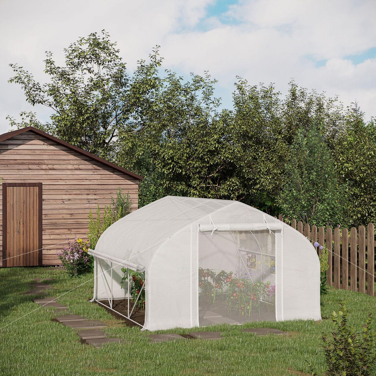 OUTSUNNY Serre de jardin tunnel 10,4 m² - 6 fenêtres et porte zippée avec moustiquaires - acier galvanisé PE blanc