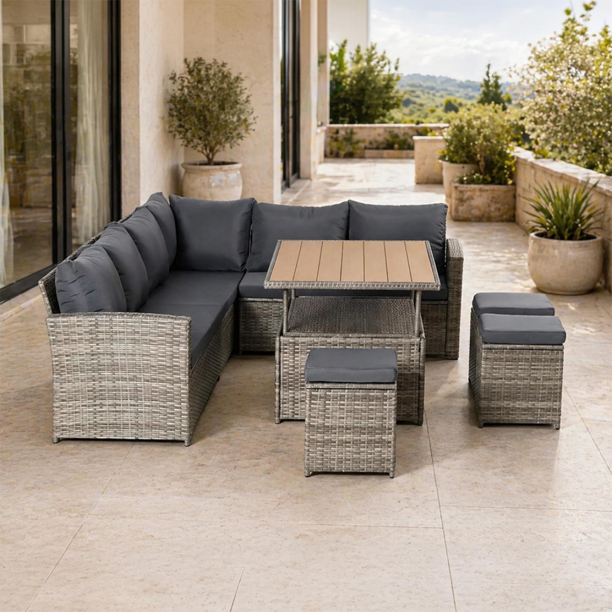 Voir la diapositive 4 : CONCEPT USINE Salon de jardin modulable 9 places en résine tressée avec table relevable effet bois sahara
