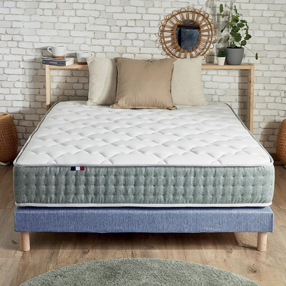 IDLITERIE Ensemble matelas Ressort 7 zones HYGGE + Sommier + couette + oreillers Fabriqué en France