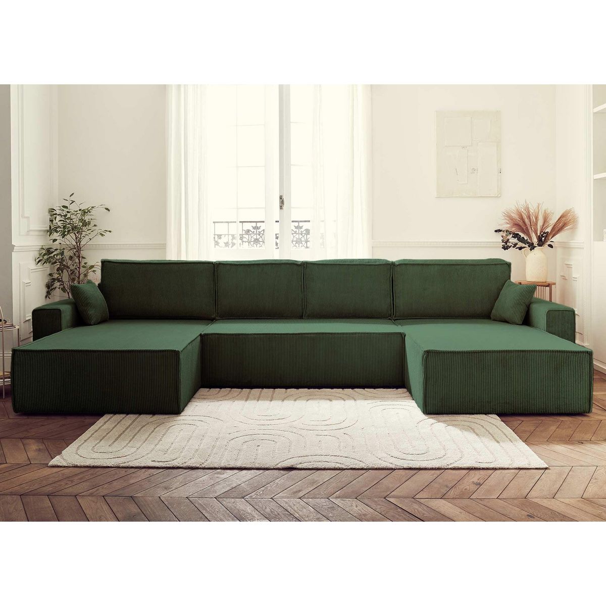 BEST MOBILIER Dellia - canapé panoramique en u - 7 places - convertible - avec coffre - en velours côtelé